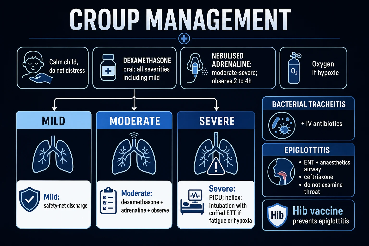 Croup management algorithm: assess severity, dexamethasone for all, adrenaline for moderate-severe, observe for rebound, discharge criteria, admit for severe