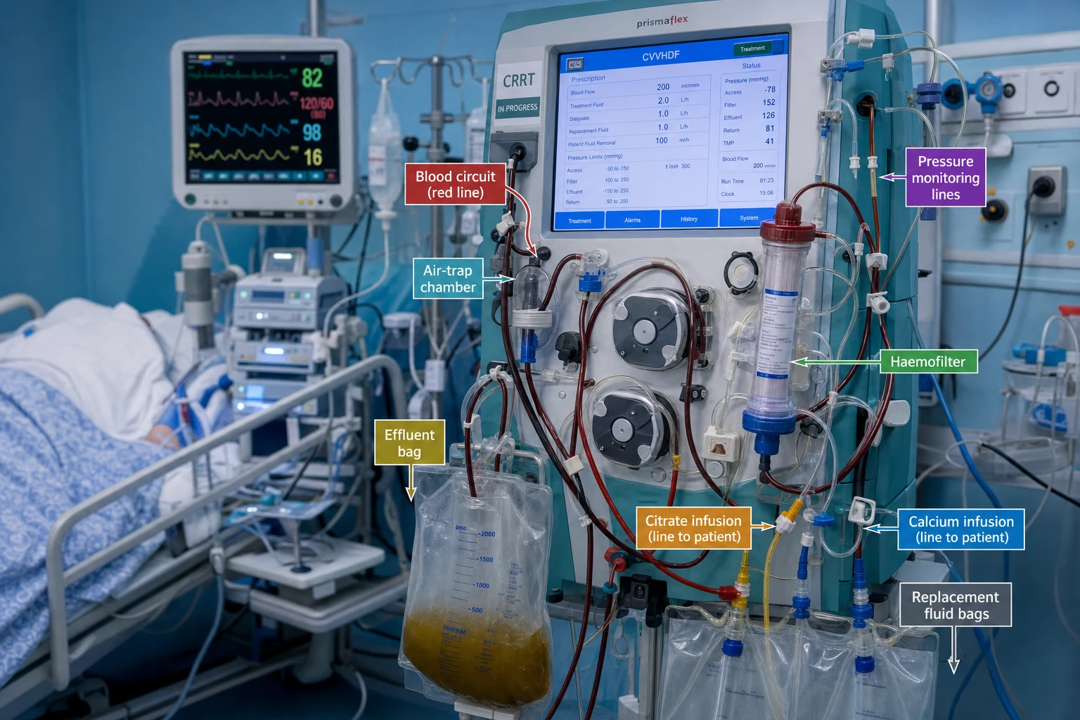 ICU CRRT machine with blood and effluent lines, citrate and calcium syringes, dual-lumen dialysis catheter — clinical educational scene without faces