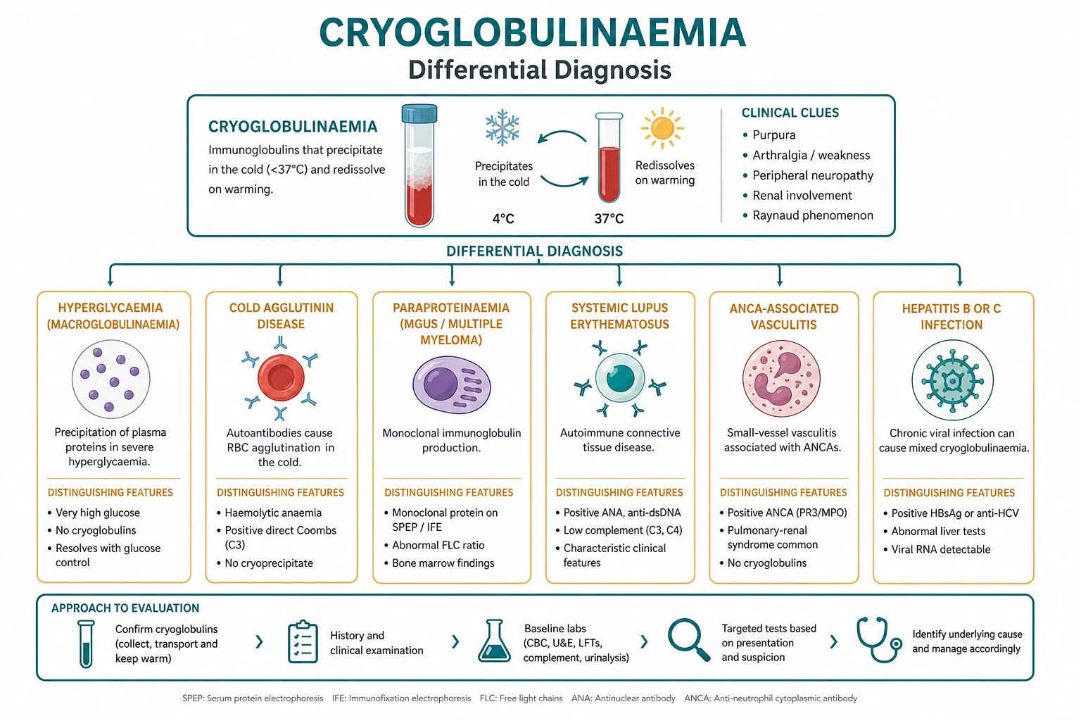 Differential diagnosis of palpable purpura and hyperviscosity: cryoglobulinaemia, IgA vasculitis, ANCA vasculitis, antiphospholipid syndrome, hyperviscosity syndrome, cholesterol emboli