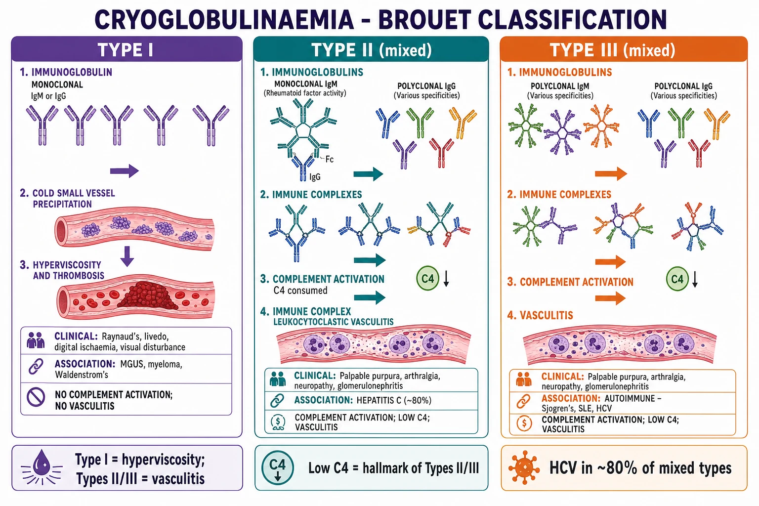 Three-panel Brouet classification mechanism: Type I (monoclonal IgM precipitates → hyperviscosity/thrombosis, no complement), Type II (monoclonal IgM RF + polyclonal IgG → immune complexes → complement → vasculitis, HCV), Type III (polyclonal IgM + IgG → immune complexes → complement → vasculitis, autoimmune)