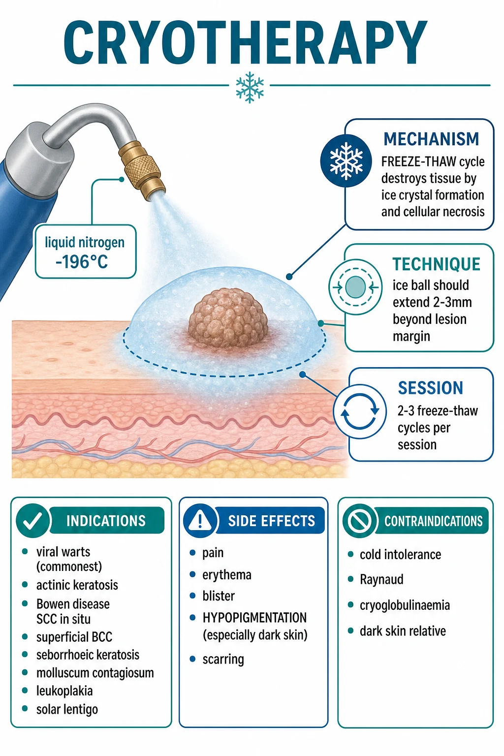 Mechanism of cryotherapy: extracellular ice crystal formation with cellular dehydration, intracellular ice disrupting the cell membrane, vascular stasis with thrombosis and ischaemia, and apoptosis in the periphery; the ice-ball halo extends 2-3 mm beyond the lesion margin to the lethal isotherm of -20 to -30 C