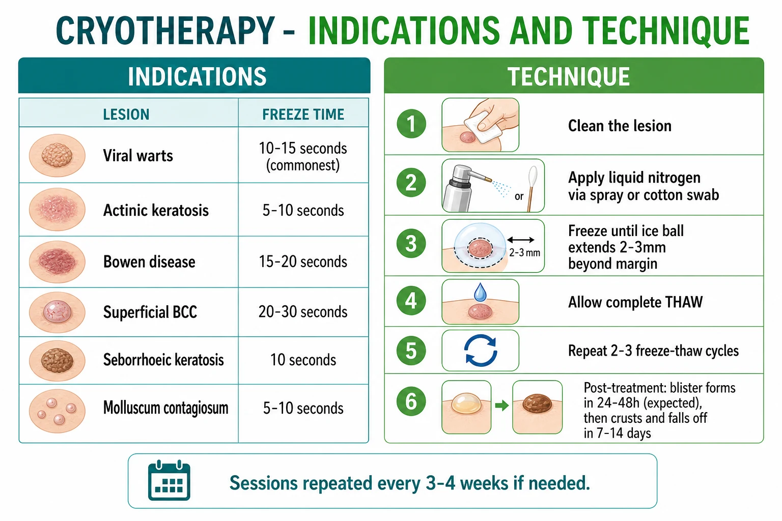 Indication-specific freeze times and cycles: viral warts 10-15 seconds two cycles, actinic keratosis 5-8 seconds one cycle, Bowen disease 15-20 seconds two cycles, superficial BCC 30 seconds two cycles with 5 mm halo, seborrhoeic keratosis and molluscum 5-10 seconds one cycle, solar lentigo 5 seconds one cycle; the ice-ball halo extends 2-3 mm beyond the lesion margin