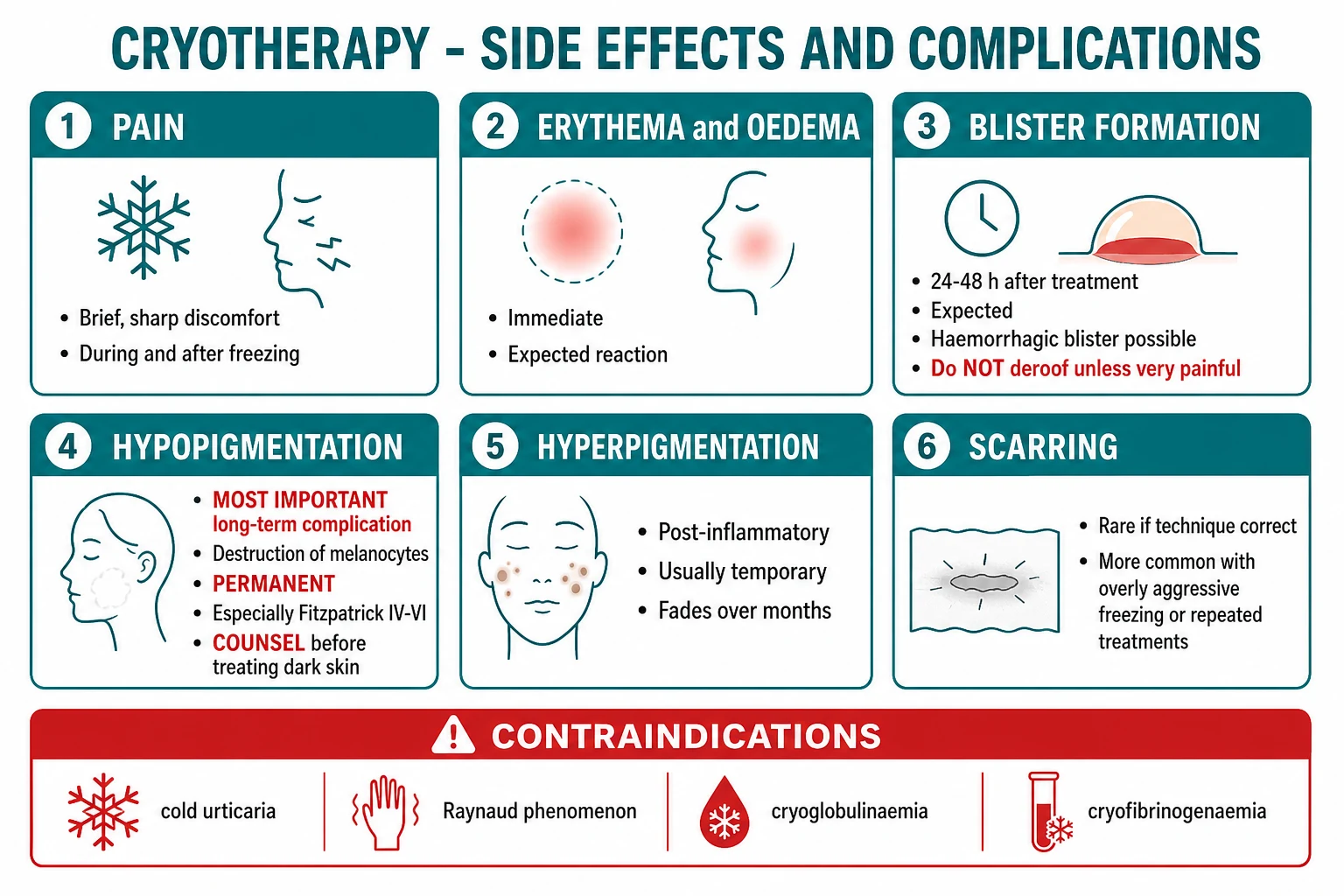 Time-staged complications of cryotherapy: immediate (pain, erythema, oedema, periauricular tinnitus from nitrogen gas venting, headache), early within 48 hours (blister formation that may be haemorrhagic, secondary infection, bleeding), and late (permanent hypopigmentation as the most important complication, transient hyperpigmentation, scarring, atrophy, nail dystrophy)