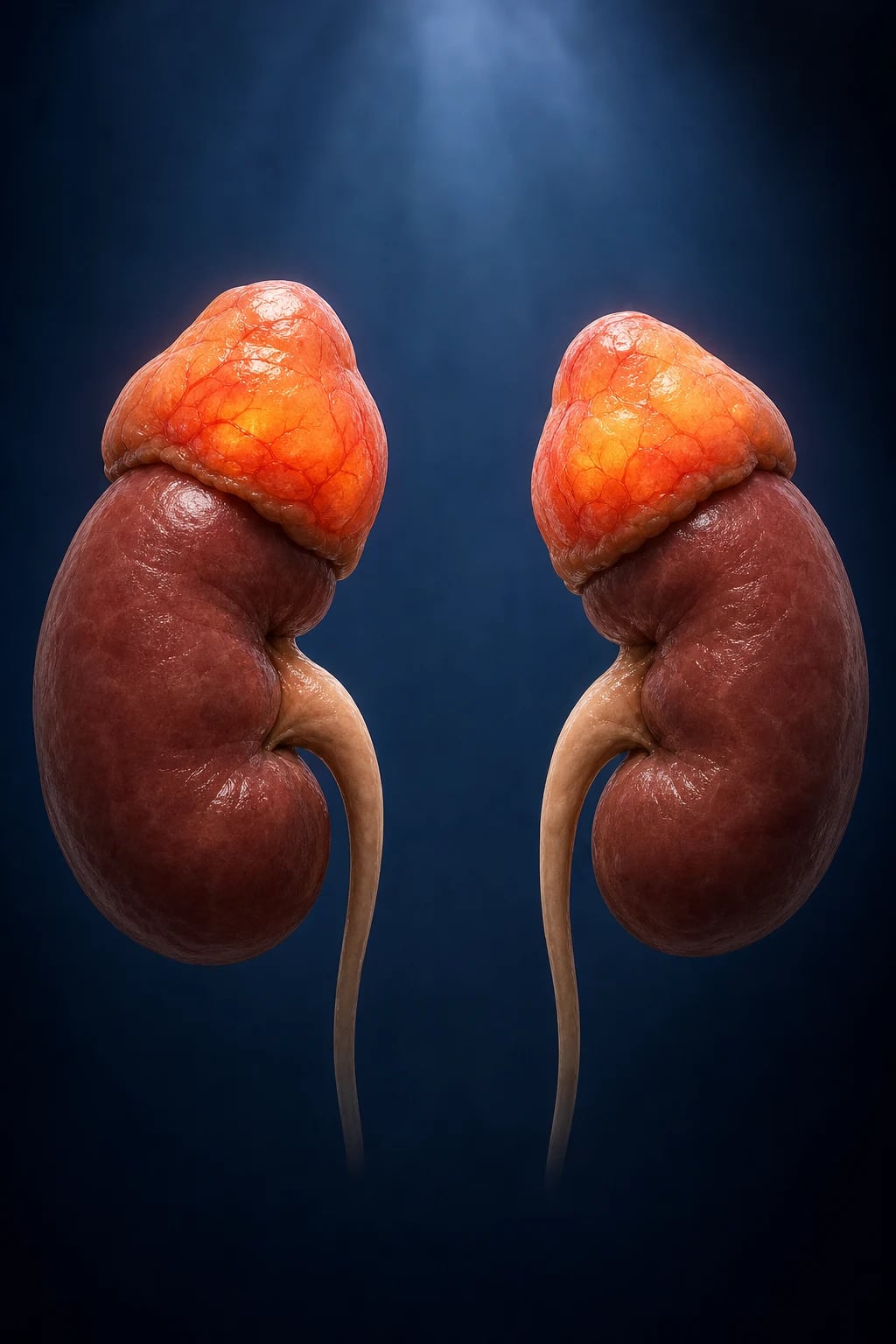 Clinical illustration of the Cushing phenotype: central obesity with moon face, dorsocervical buffalo hump, purple abdominal striae, thin skin with easy bruising