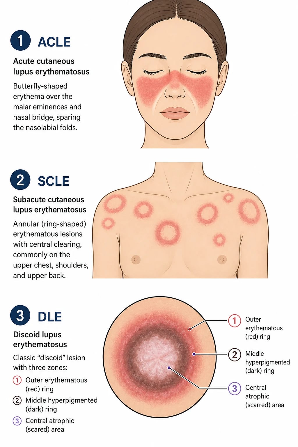 Three CLE clinical phenotypes side by side: ACLE butterfly rash sparing nasolabial folds on a face, SCLE annular polycyclic plaques on the upper trunk, DLE discoid scarring plaque on the cheek with central atrophy