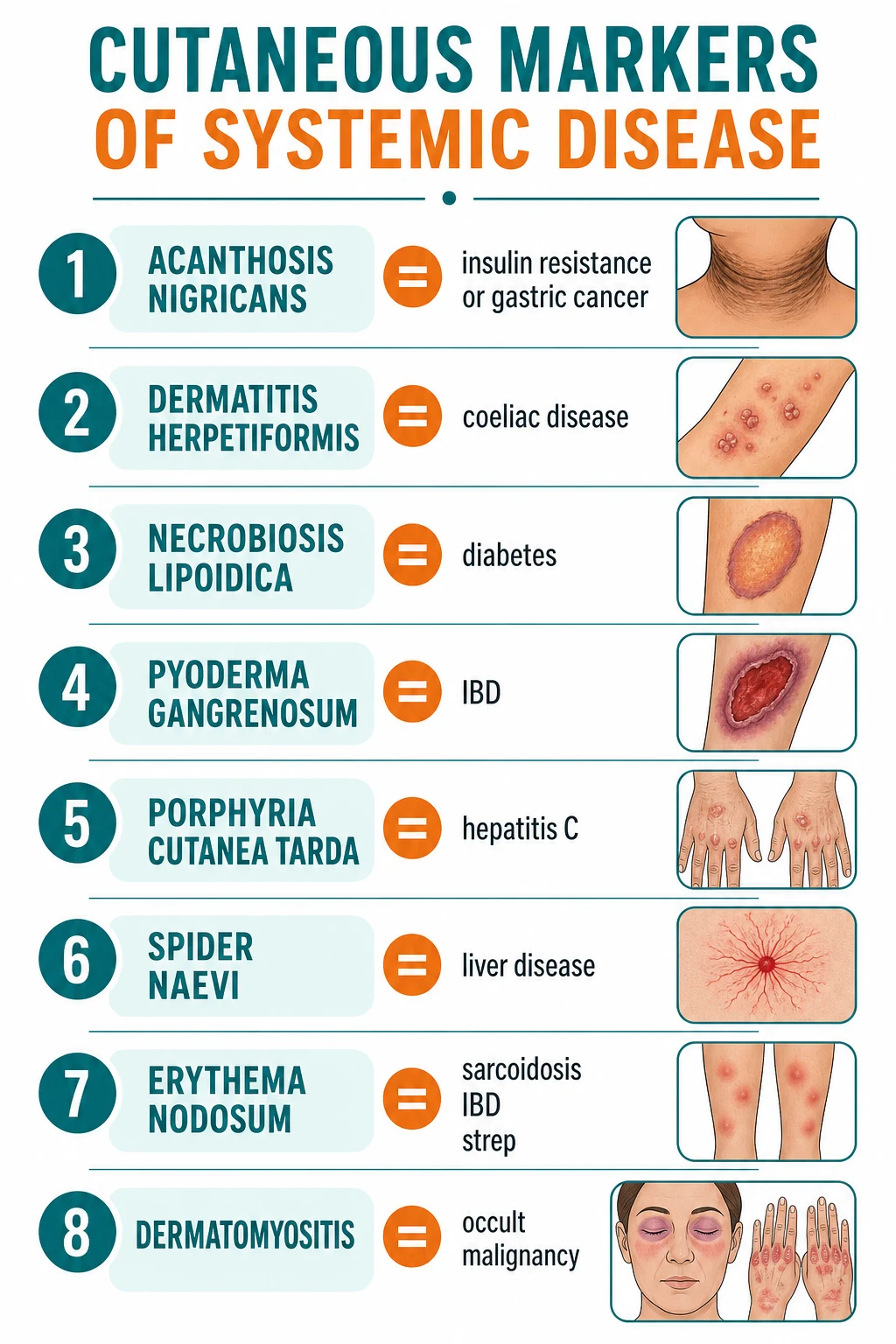 Composite body diagram: acanthosis nigricans in the axilla (insulin resistance/gastric cancer), erythema nodosum on the shins (sarcoid/IBD/strep), palmar erythema and spider naevi (liver disease), clubbing (lung/IBD), necrobiosis lipoidica on the shin (diabetes), porphyria cutanea tarda bullae on the dorsal hands (hepatitis C/haemochromatosis), dermatitis herpetiformis on the elbows (coeliac), and a malar/butterfly rash (SLE)