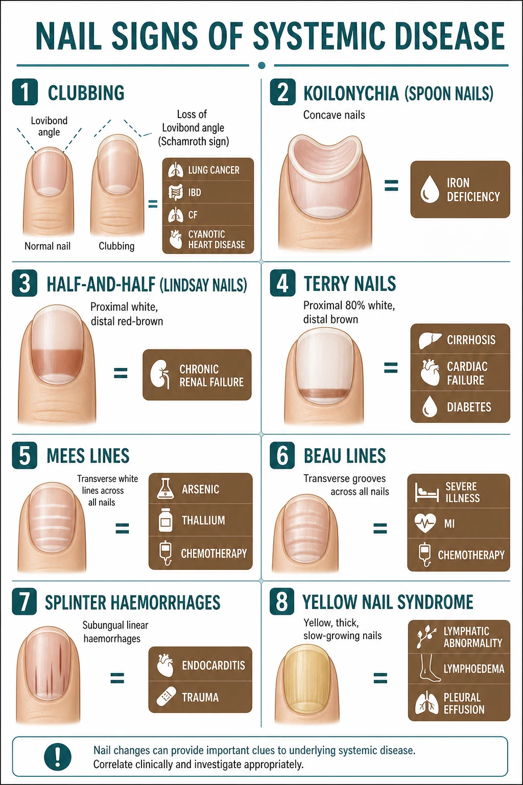 Eight nail and finger signs mapped to systemic disease: digital clubbing (lung cancer, IBD, cyanotic heart disease), koilonychia or spoon nails (iron-deficiency anaemia), half-and-half or Lindsay nails (chronic renal failure), Terry nails (cirrhosis, cardiac failure, diabetes), Mees lines (arsenic/thallium poisoning, chemotherapy), Beau lines (severe systemic illness, chemotherapy), splinter haemorrhages (infective endocarditis, trauma), and yellow nail syndrome (lymphoedema and pleural effusion)