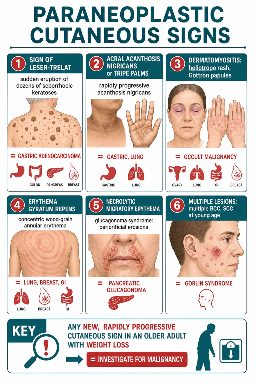 Six paraneoplastic signs: sign of Leser-Trélat (sudden eruption of seborrhoeic keratoses = gastric cancer), tripe palms (velvety palmar thickening = gastric/lung), dermatomyositis (Gottron papules and heliotrope = occult malignancy), erythema gyratum repens (concentric advancing rings = lung/breast/GI), necrolytic migratory erythema (migrating erosive plaques = glucagonoma), and the triad of Leser-Trélat plus acanthosis nigricans plus tripe palms in gastric adenocarcinoma