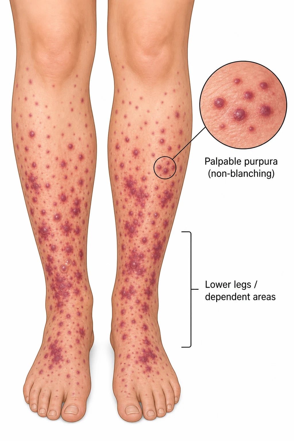 Bilateral symmetrical palpable purpura — non-blanching deep red-purple macules and papules on the lower legs and ankles