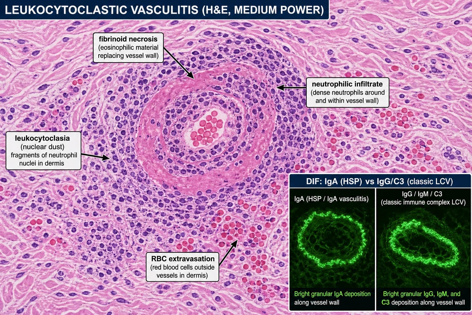 H&E showing fibrinoid necrosis of a dermal venule, neutrophilic infiltrate, leukocytoclasia (nuclear dust), and RBC extravasation, plus a DIF inset showing IgA deposition (IgA vasculitis) vs IgG/C3 (classic LCV)