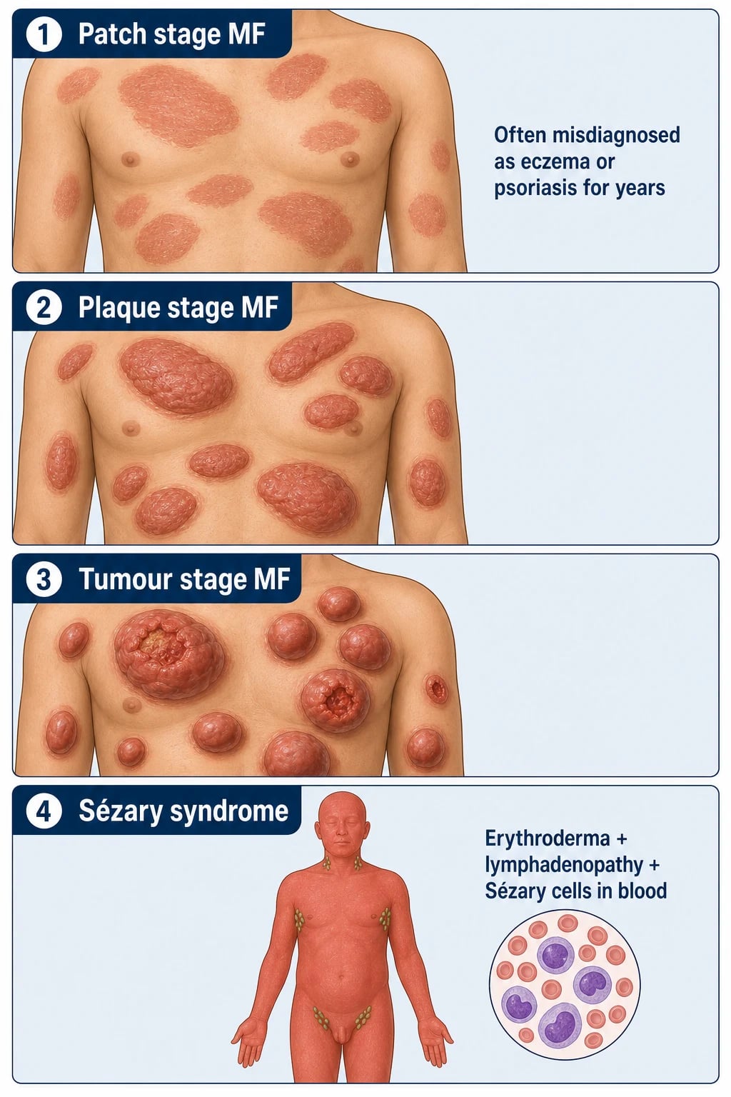 Four panels: patch-stage MF (scaly patches in bathing-trunk distribution), plaque-stage MF (infiltrated plaques), tumour-stage MF (dome-shaped nodules with ulceration), and Sezary syndrome (diffuse erythroderma with lymphadenopathy)