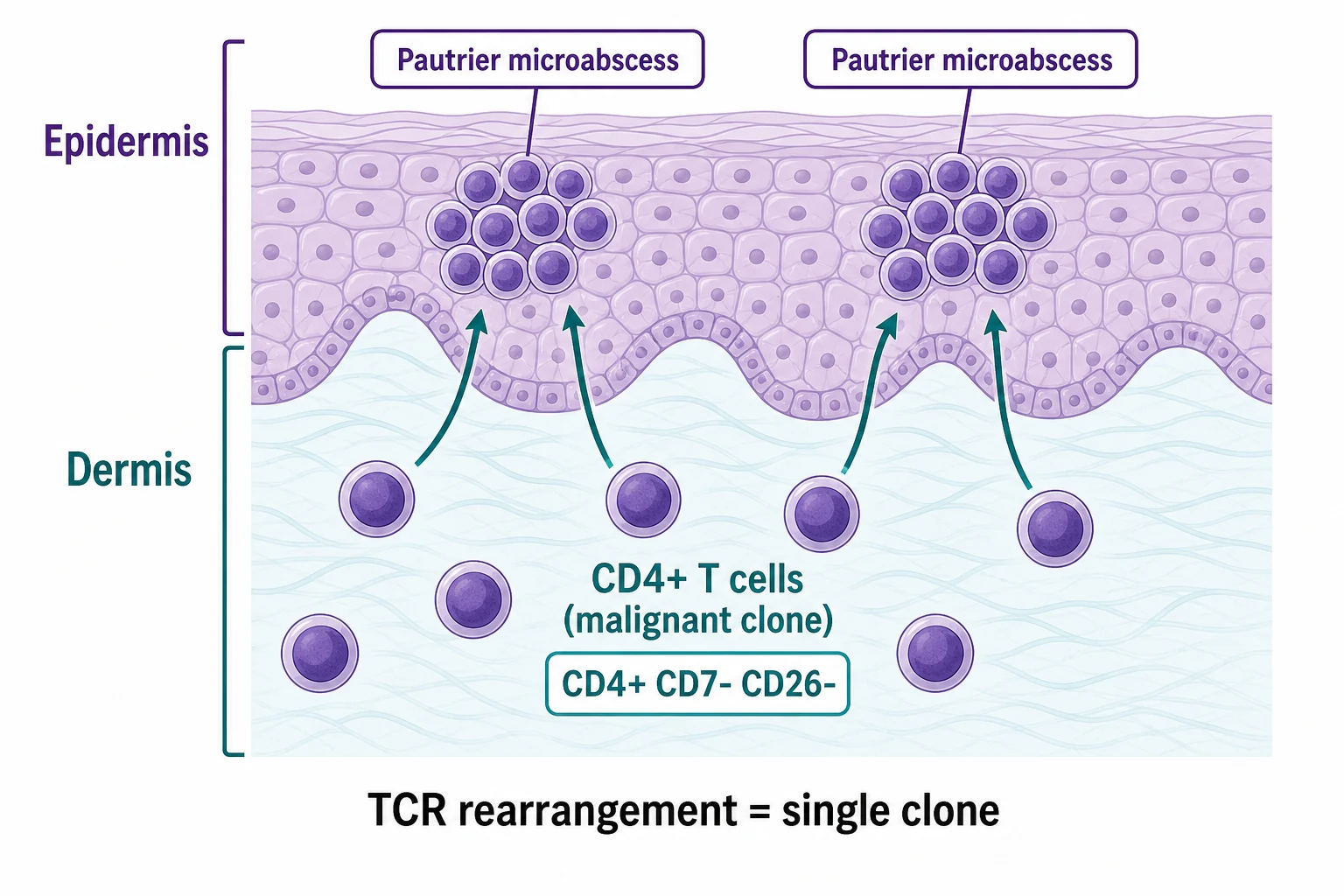 Clonal CD4+ memory T cells (CCR4+, CD45RO+, CLA+) showing epidermotropism and Pautrier microabscess formation; loss of CD7 and CD26 on the malignant clone; TCR gene rearrangement confirms clonality