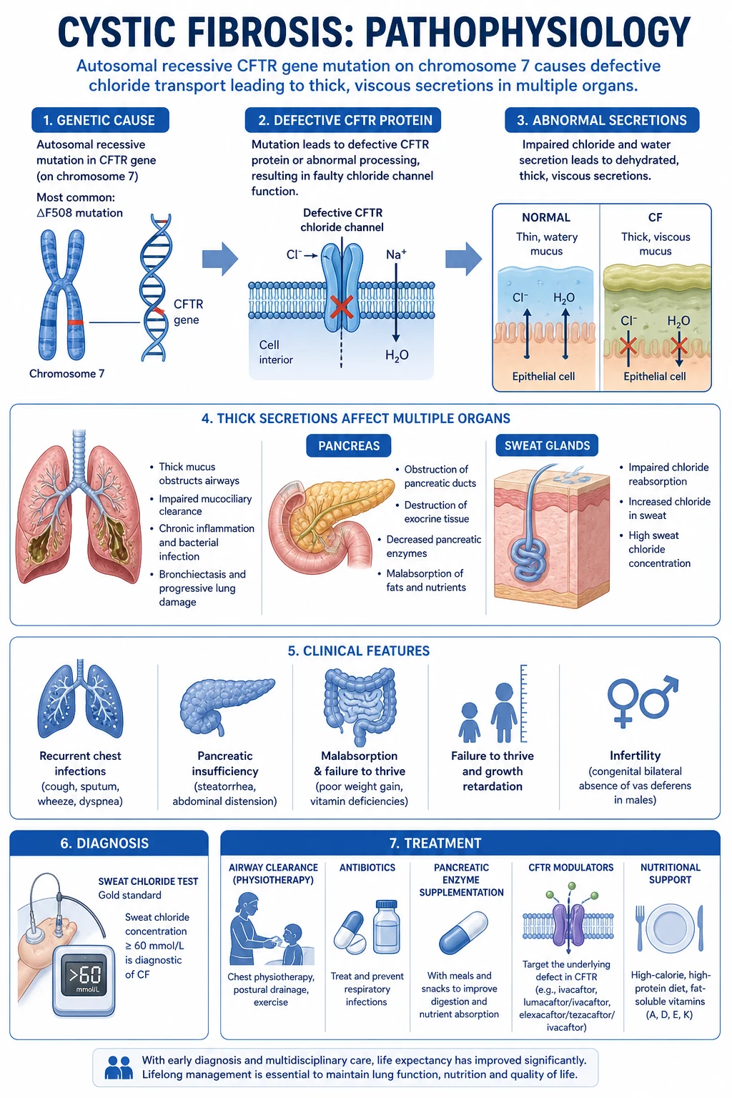 CFTR chloride channel defect — reduced chloride secretion, increased ENaC sodium absorption, dehydrated airway surface liquid, mucus plugging, infection and neutrophilic inflammation