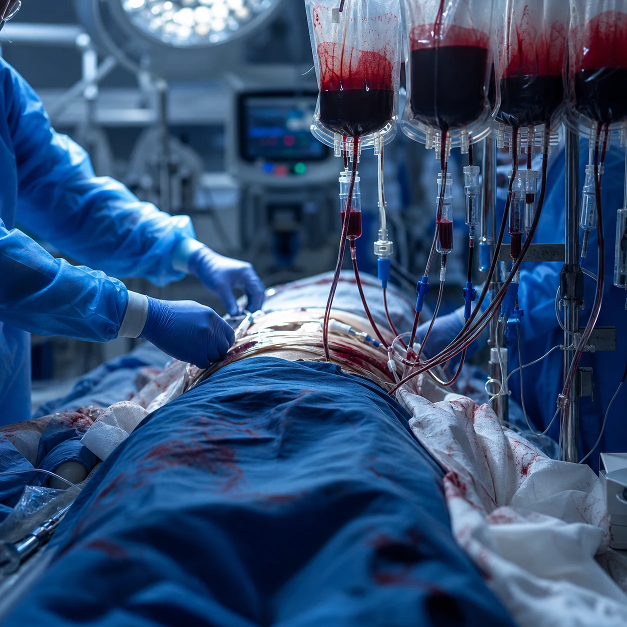 Cinematic ICU scene of a trauma patient in damage-control surgery, open abdomen with packing, massive transfusion running, clinical-blue lighting, an urgent mood
