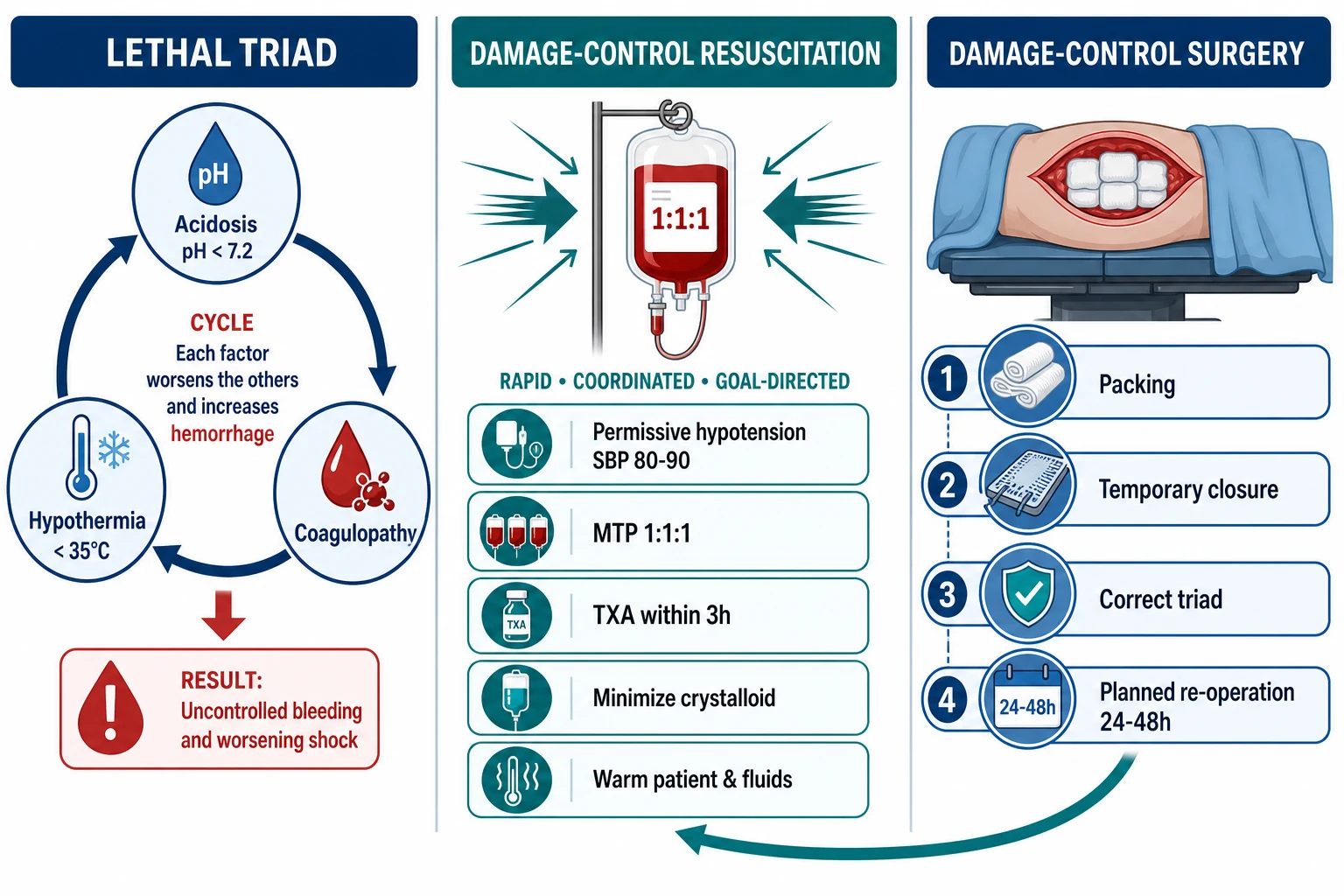 Three-panel infographic on a white clinical-blue background: LEFT lethal triad (acidosis pH under 7.2; hypothermia under 35; coagulopathy — vicious cycle); CENTRE DCR principles (permissive hypotension SBP 80-90; MTP 1:1:1; TXA within 3h; minimise crystalloid; warm; calcium); RIGHT DCS (abbreviated laparotomy — packing + temporary closure; NOT definitive; correct triad; planned re-operation 24-48h; open abdomen). Banner 'Stop bleeding FAST, correct triad, DEFER repair'. Flat vector illustration, crisp typography.