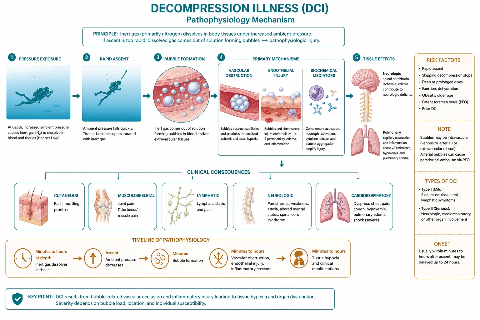 Educational diagram of decompression sickness nitrogen bubbles versus arterial gas embolism from pulmonary barotrauma, clinical-blue labels style without text