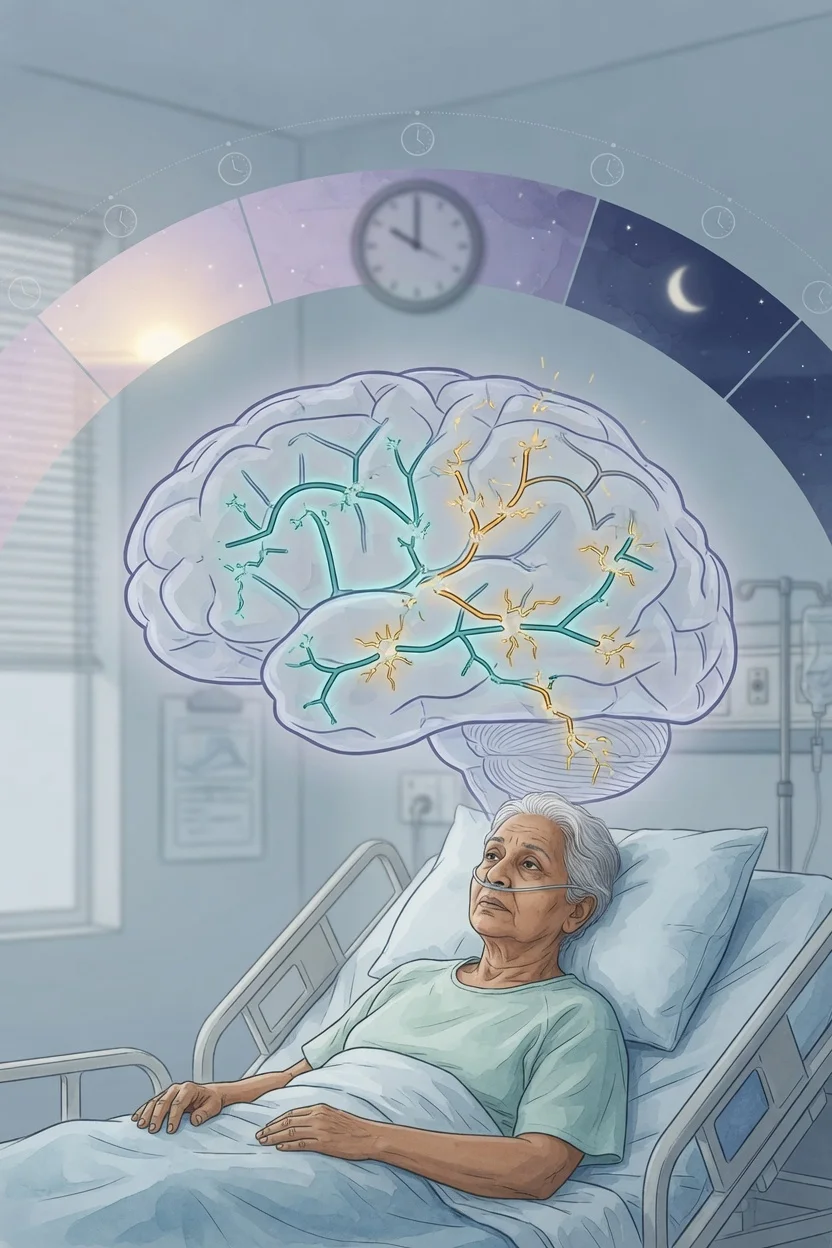 Cinematic ICU scene at night — a restless delirious patient, a CAM-ICU checklist at the bedside, a fragmented sleep-hypnogram on the screen, earplugs and an eye mask, a dexmedetomidine infusion, clinical-blue lighting, medical educational, no faces, no text