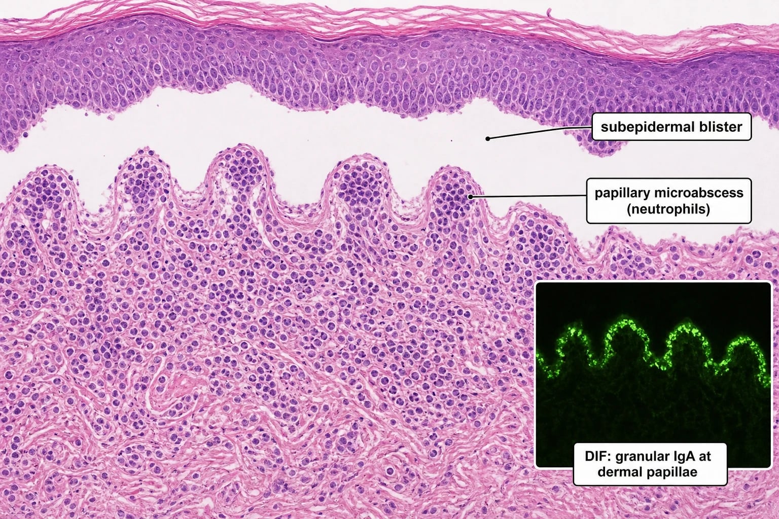 Direct immunofluorescence of perilesional skin showing granular IgA deposits at the tips of dermal papillae