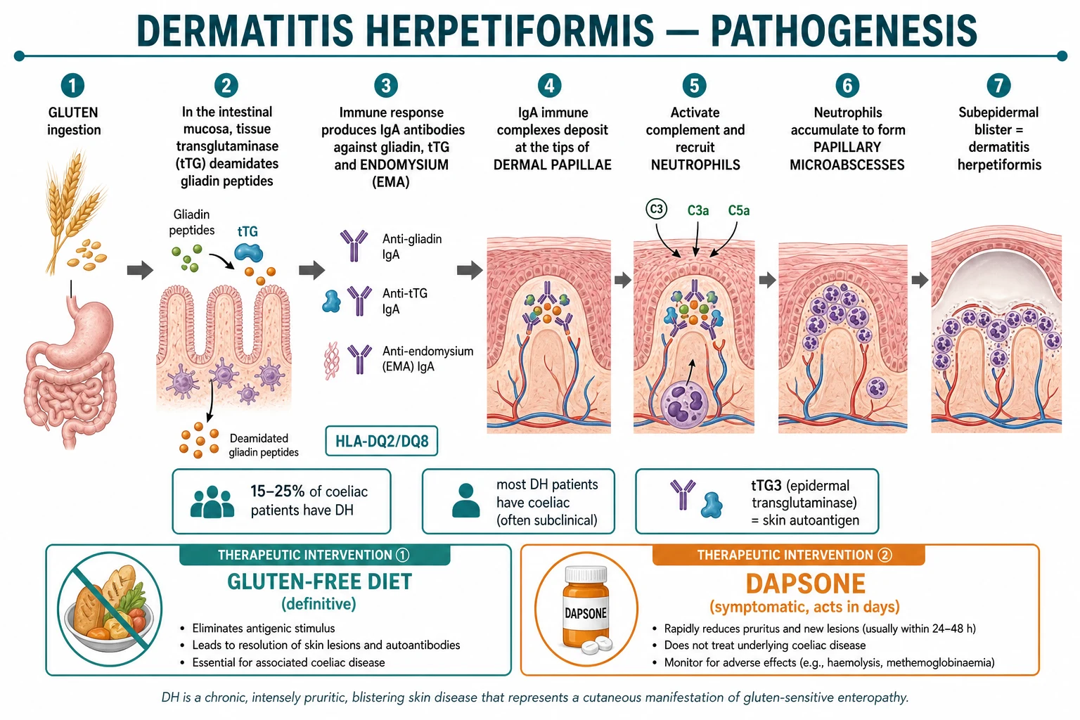 Pathogenesis diagram: gluten ingestion, tTG2 deamidation of gliadin in the small intestine, production of IgA anti-tTG2 and anti-gliadin antibodies, cross-reaction with epidermal transglutaminase TG3 in the skin, IgA deposition at dermal papillae tips, neutrophil recruitment, papillary microabscess, and subepidermal blister