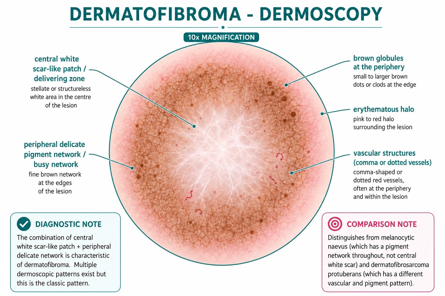 Dermoscopic field showing a central white scar-like patch with a peripheral delicate pigment network