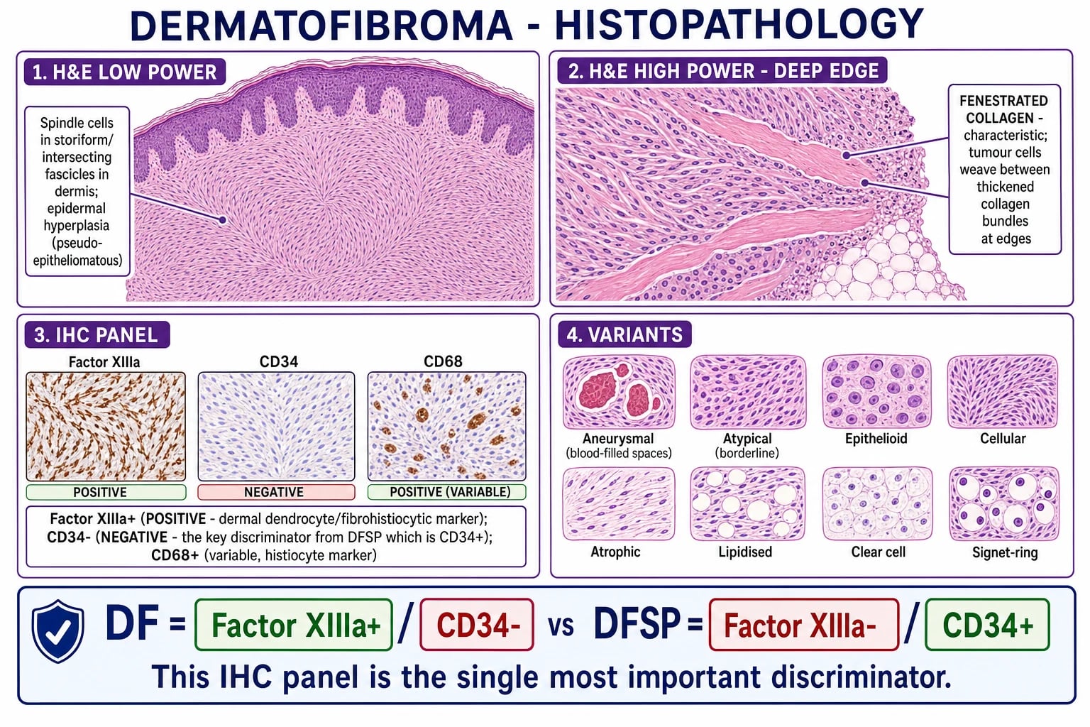 Storiform spindle cells in the dermis with epidermal acanthosis and fenestrated collagen at the margins; immunohistochemistry shows Factor XIIIa positive and CD34 negative