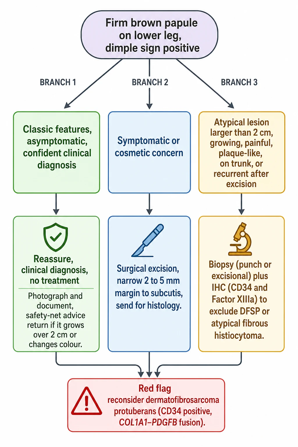 Decision flowchart: classic asymptomatic lesion to reassure; symptomatic or cosmetic to excise with a narrow margin; atypical lesion (over 2 cm, growing, painful, plaque, trunk, recurrent) to biopsy with CD34 and Factor XIIIa immunohistochemistry