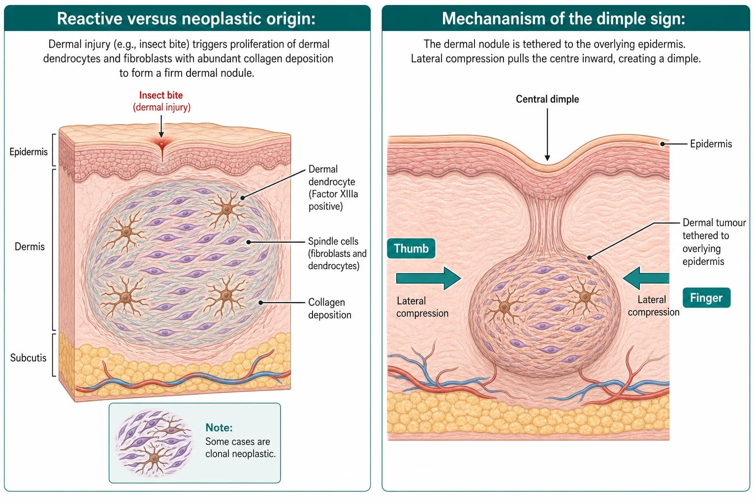 Left panel: insect-bite trauma triggering Factor XIIIa-positive dermal dendrocyte and fibroblast proliferation with collagen deposition; right panel: mechanism of the dimple sign — lateral compression pulls the tethered epidermis inward
