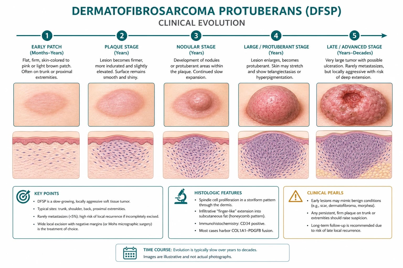 Plaque to protuberant nodule evolution; Bednar pigmented variant; atrophic variant; myxoid variant; fibrosarcomatous progression