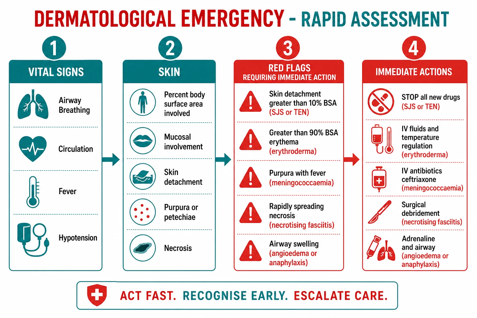 Triage flowchart: ABCDE and vitals first, then skin inspection for percent BSA, epidermal detachment, mucosal involvement, purpura, and necrosis; branch to red flags; immediate actions are stop new drugs, IV fluids, IV antibiotics, surgical debridement, IM adrenaline, and ICU or burns referral