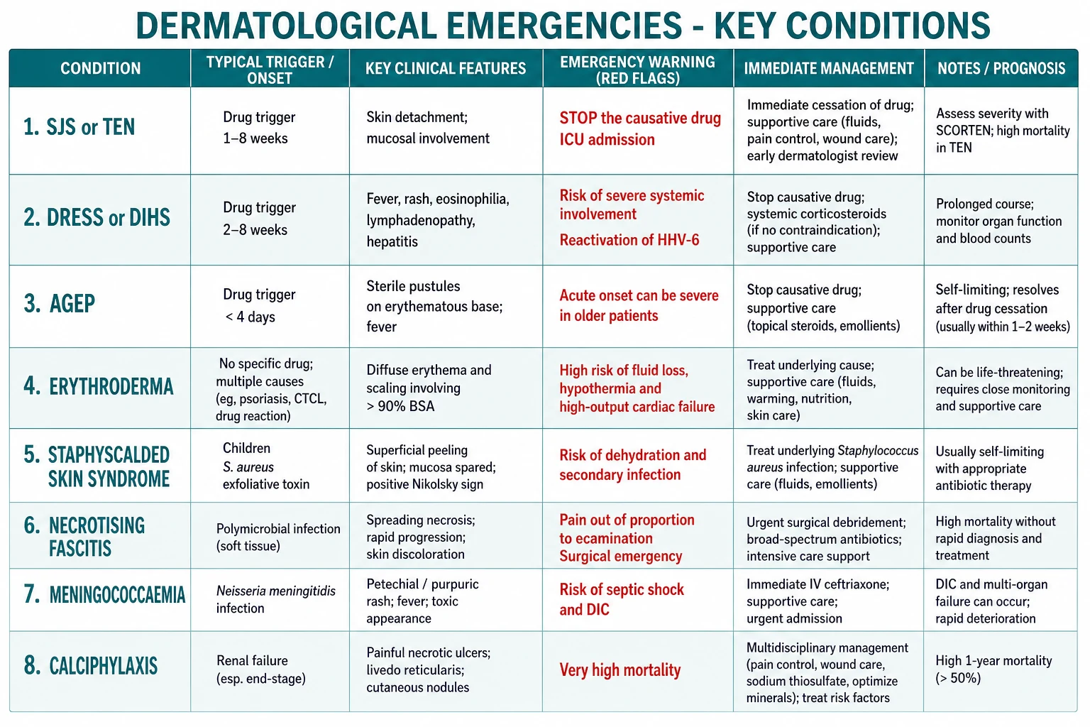 Classification tree of dermatological emergencies branching into four groups: severe cutaneous adverse drug reactions (SJS/TEN, DRESS, AGEP), skin-failure states (erythroderma, SSSS, von Zumbusch pustular psoriasis), infective-necrotising (necrotising fasciitis, purpura fulminans, meningococcaemia), and immediate hypersensitivity/vascular (angioedema/anaphylaxis, calciphylaxis)