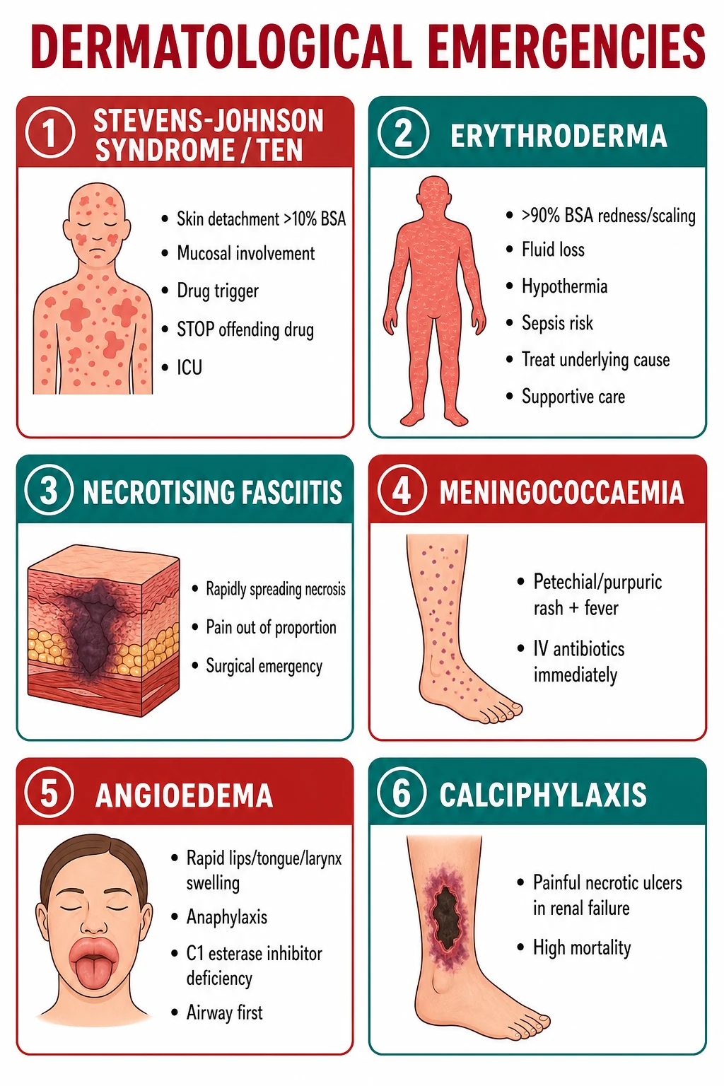 Six dermatological emergencies on one panel: SJS/TEN with sheet-like skin detachment and mucosal crusting; erythroderma with confluent erythema over the whole body; necrotising fasciitis with dusky necrotic skin and bullae; purpura fulminans with retiform purpura and skin necrosis; angioedema with lip and facial swelling; calciphylaxis with painful necrotic ulcers