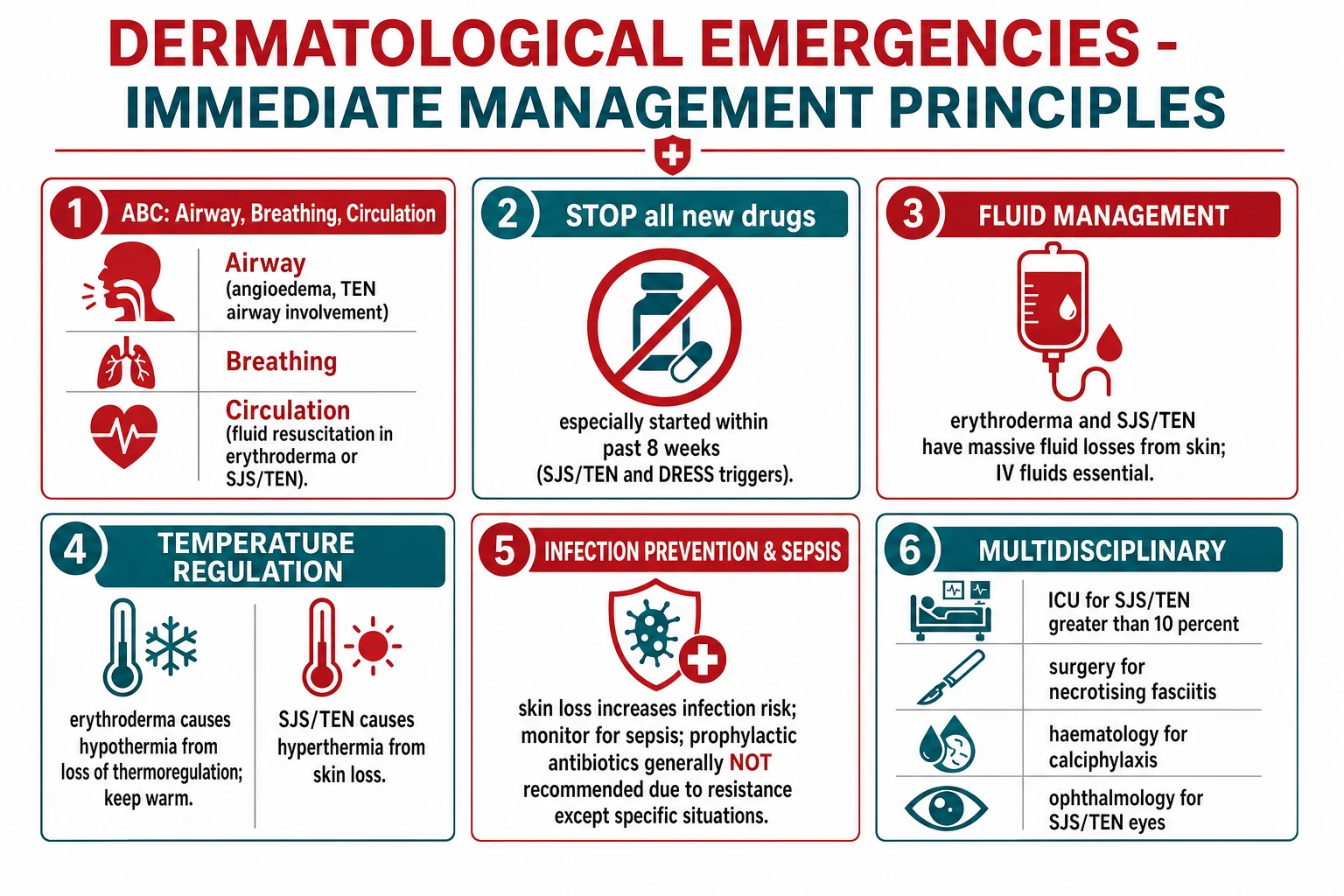Six pillars of immediate management: ABCDE, stop new drugs, fluid and electrolyte management, temperature regulation, infection prevention and sepsis, and multidisciplinary referral to ICU, surgery, ophthalmology, and haematology
