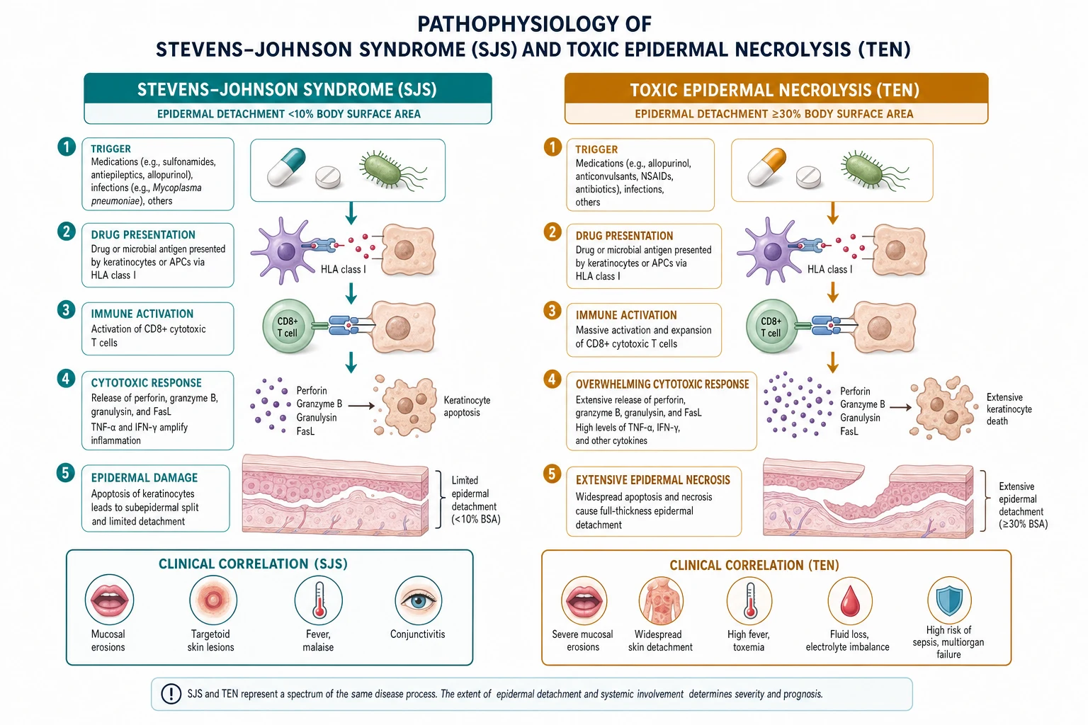 Educational schematic of SJS/TEN pathogenesis: drug antigen presentation on MHC class I, CD8 T-cell and NK-cell cytotoxicity, granulysin-mediated keratinocyte apoptosis, and sheet-like epidermal detachment with mucosal involvement