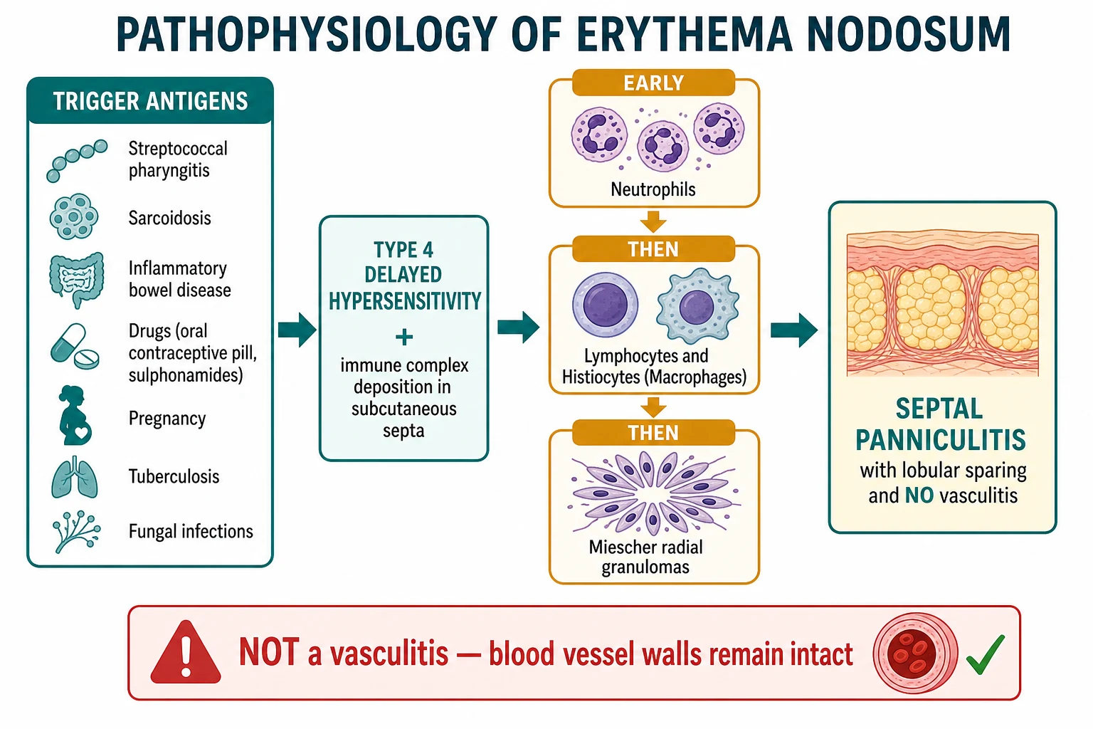 Pathophysiology flowchart: HIV infects CD4 T-cells and Langerhans cells, branching into quantitative deficiency, qualitative dysregulation, and barrier dysfunction