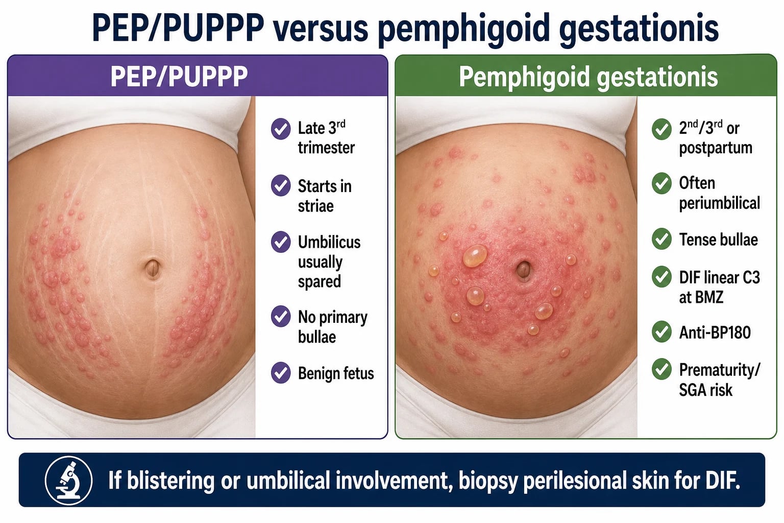PEP/PUPPP versus pemphigoid gestationis: striae onset and umbilical sparing versus periumbilical bullae and DIF linear C3