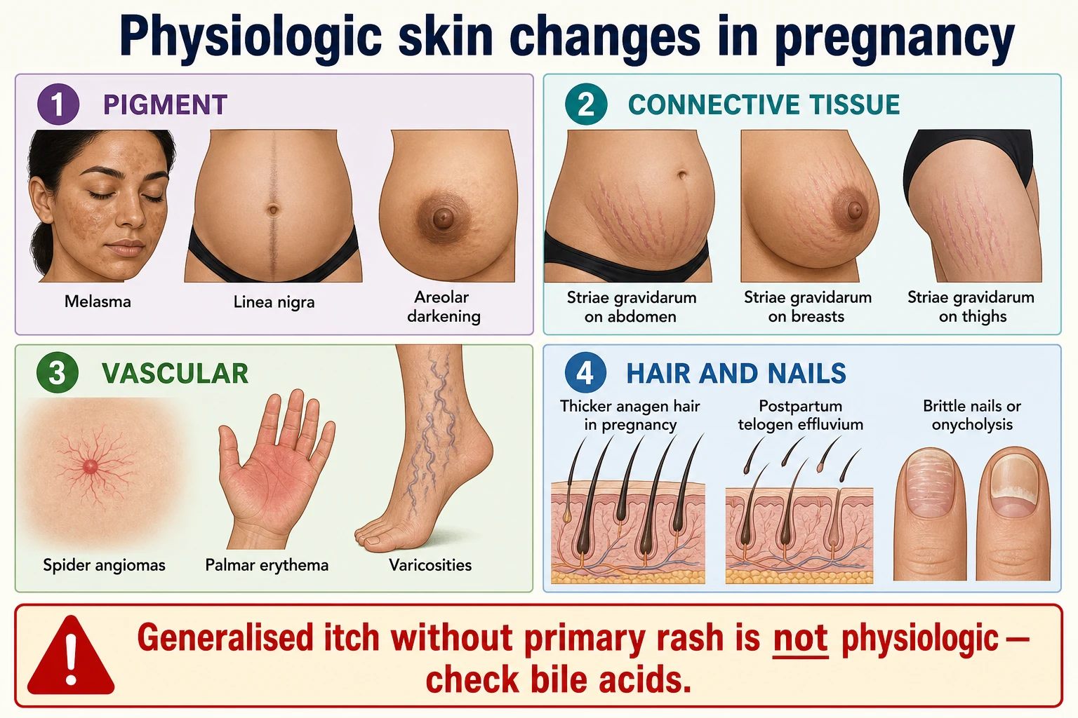 Physiologic pregnancy skin changes: pigment, striae, vascular changes, hair and nail changes, with warning that itch without rash needs bile acids
