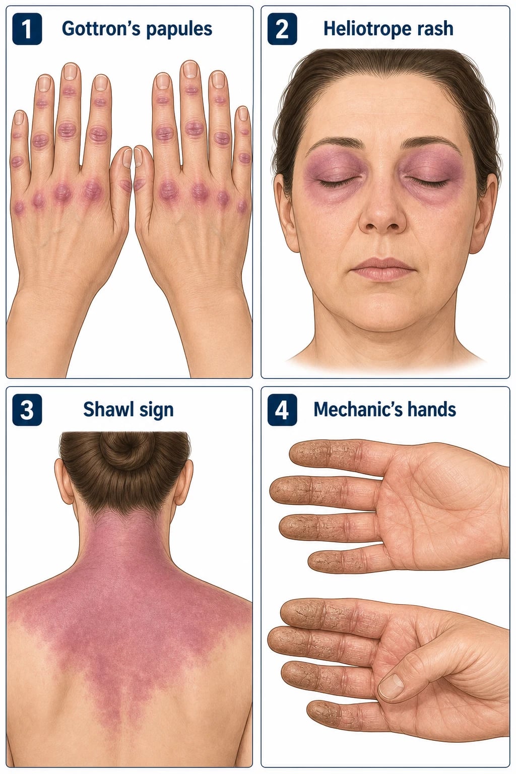 Four clinical panels: violaceous Gottron papules over MCP joints, heliotrope periorbital erythema with oedema, shawl sign on posterior shoulders/upper back, and mechanic's hands with hyperkeratotic fissuring along the radial fingers