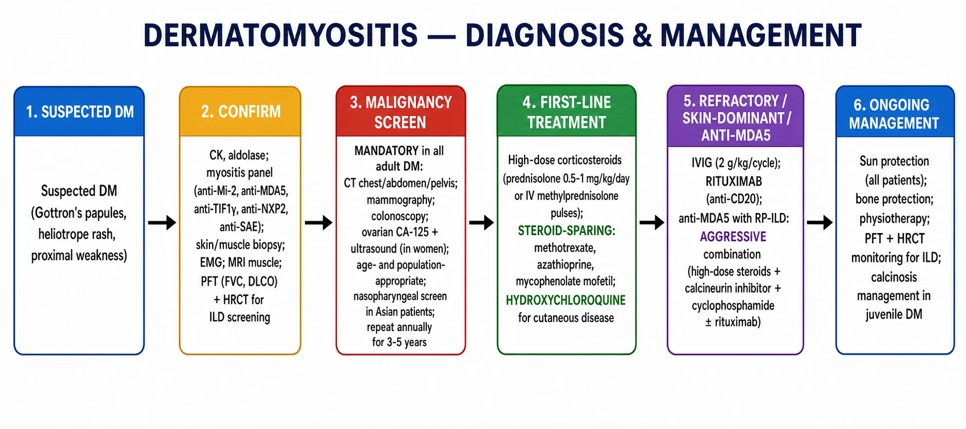 DM management algorithm: high-dose corticosteroids + MTX/AZA/MMF; hydroxychloroquine for skin; IVIG for refractory; malignancy screening; anti-MDA5 RP-ILD aggressive combination immunosuppression