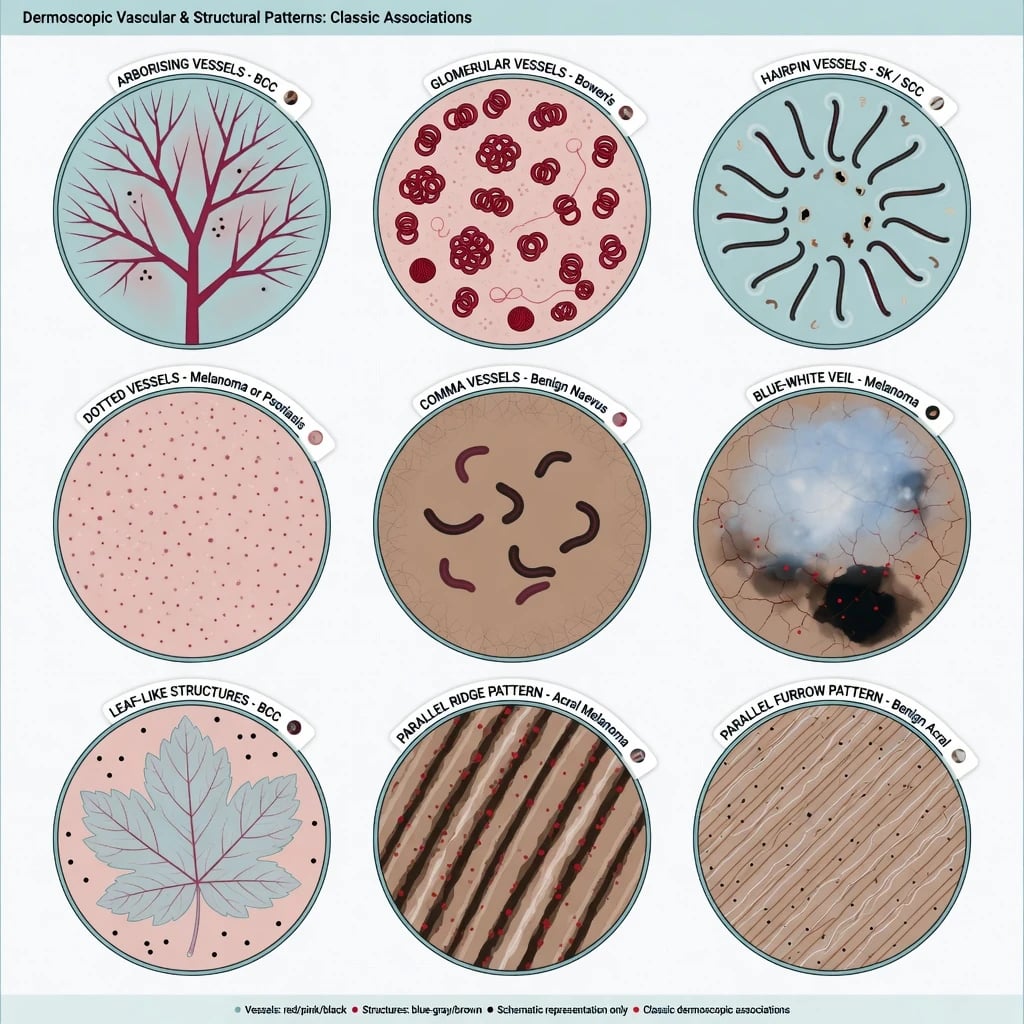 Grid of schematic dermoscopic patterns including arborising glomerular hairpin vessels blue-white veil and parallel ridge versus furrow