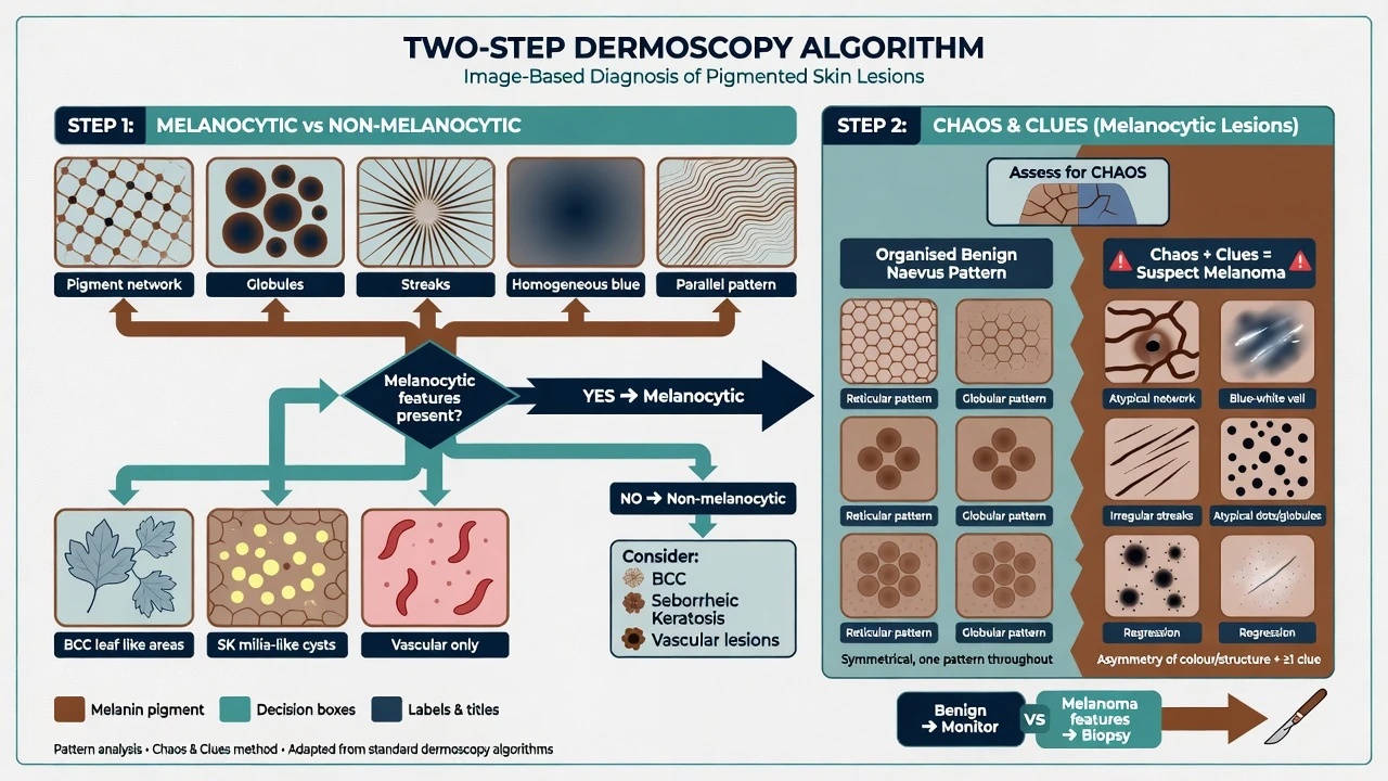 Educational decision tree of the two-step dermoscopy algorithm for image-based diagnosis of skin lesions