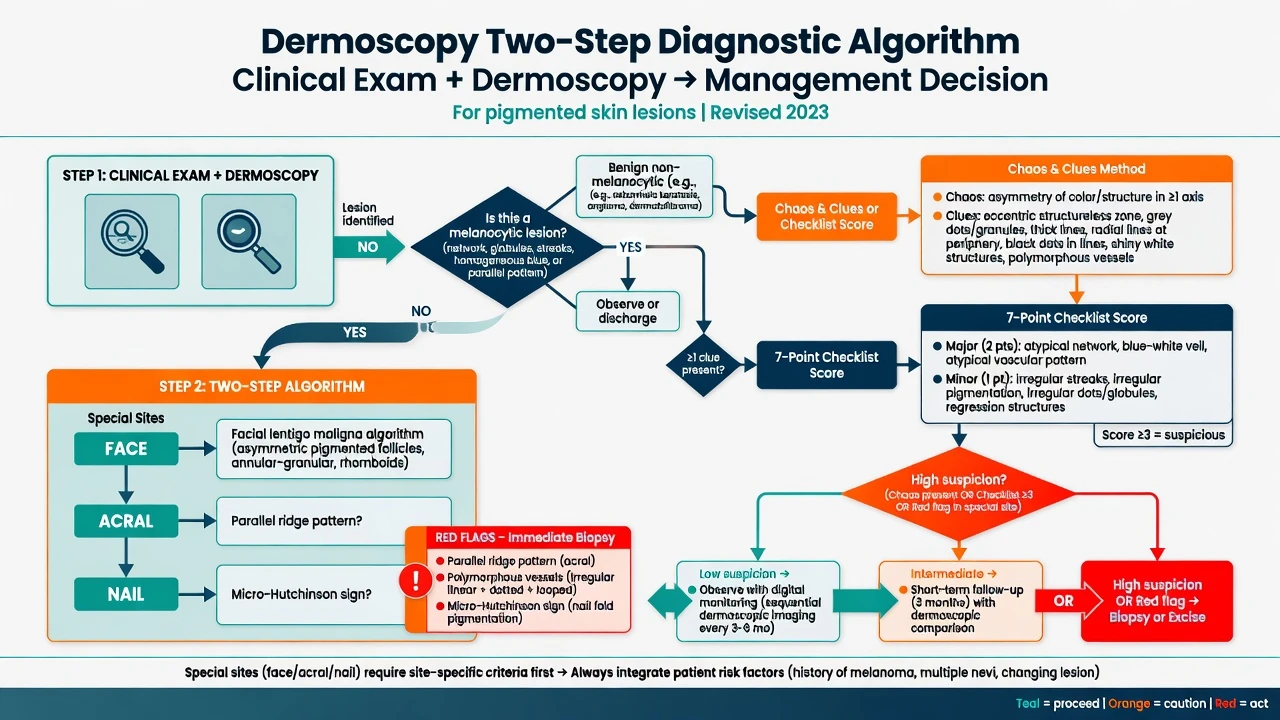 Flowchart from clinical exam and dermoscopy through two-step algorithm special sites and decisions to monitor or biopsy