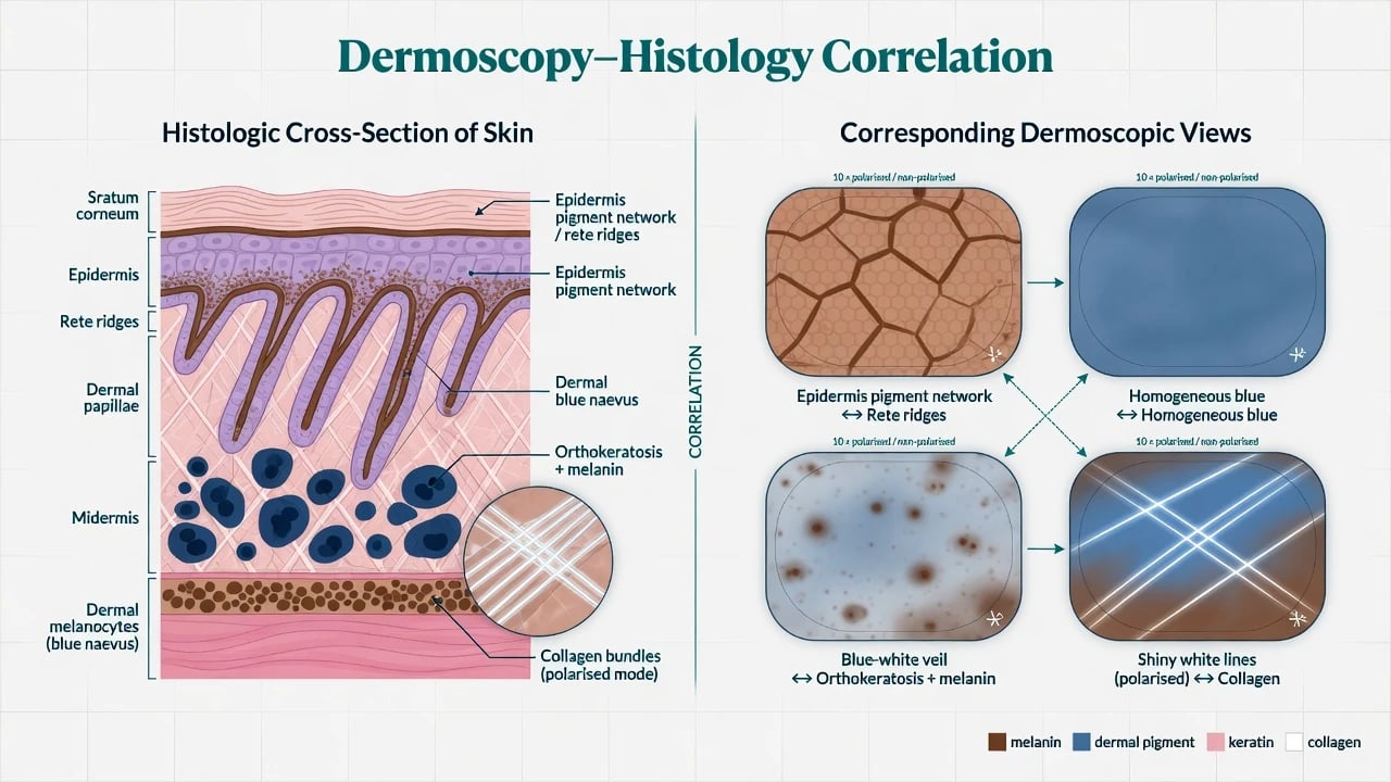 Schematic correlating skin cross-section histology with dermoscopic structures such as pigment network and blue-white veil