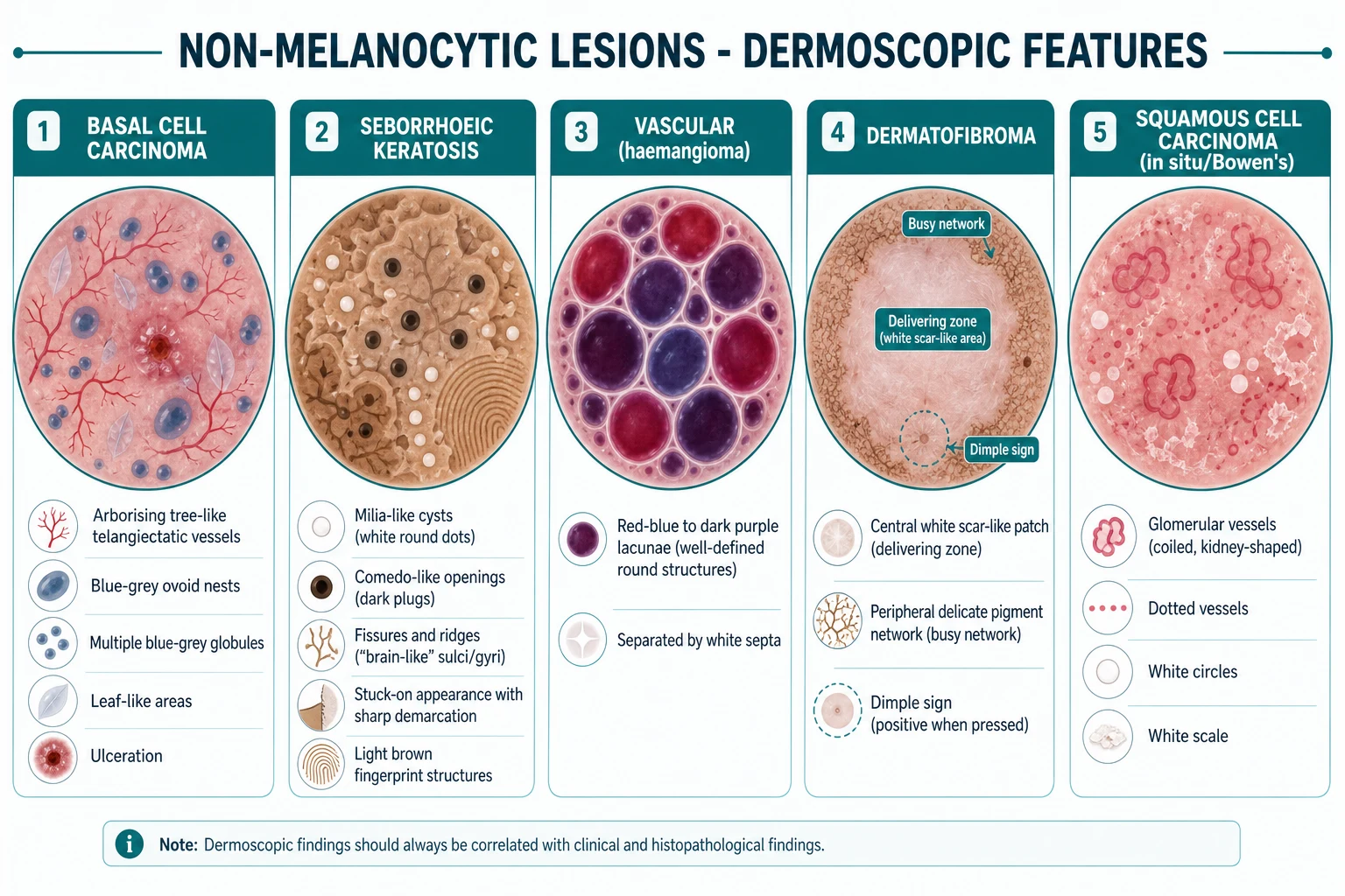 Dermoscopic features of 5 common non-melanocytic lesions: BCC (arborising vessels, blue-grey ovoid nests, leaf-like areas), SK (milia-like cysts, comedo-like openings, fissures), vascular (red-blue lacunae), dermatofibroma (central white scar + peripheral network), SCC/Bowen's (glomerular vessels)
