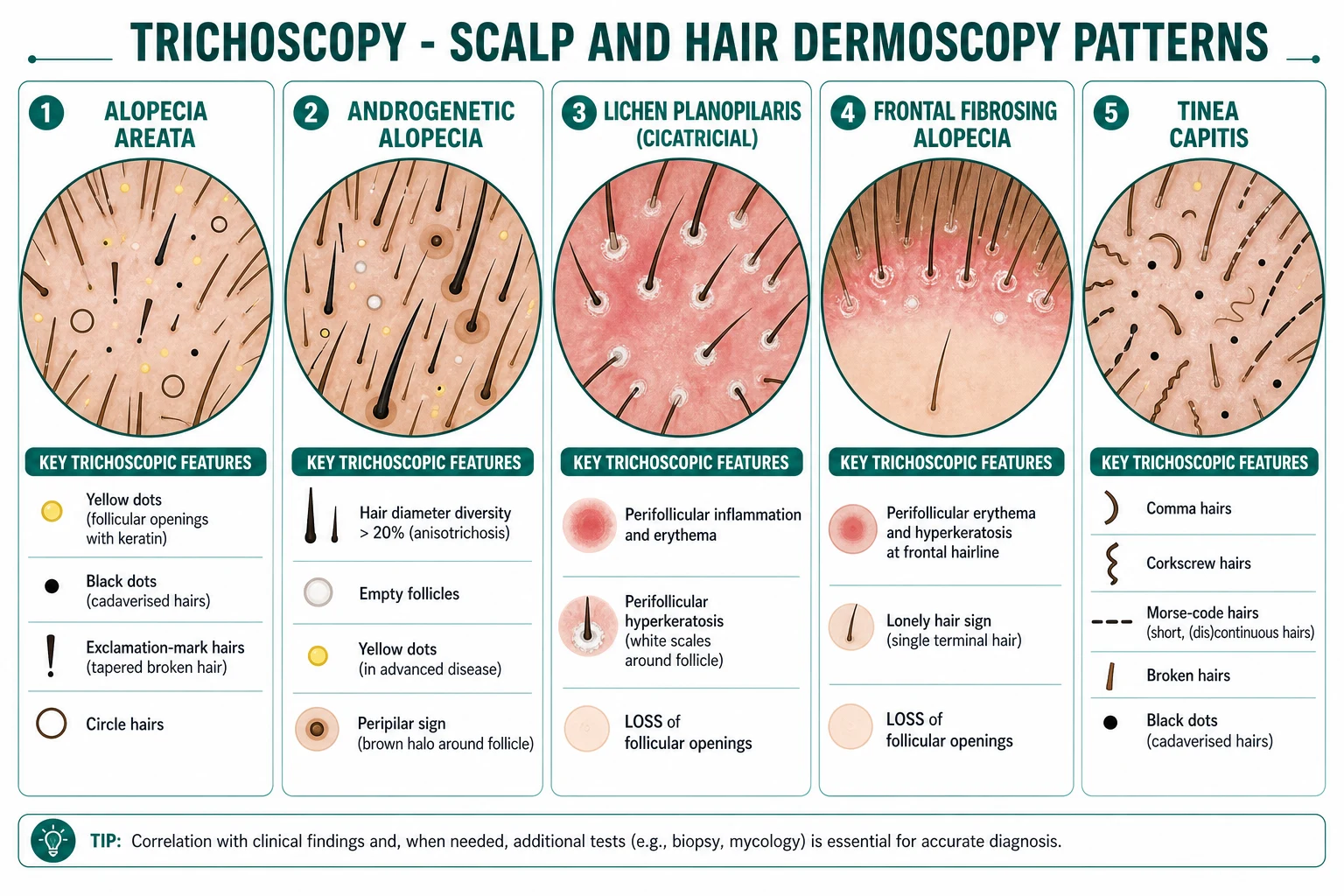 Trichoscopy patterns: alopecia areata (yellow dots, exclamation-mark hairs, black dots), androgenetic alopecia (hair diameter diversity, peripilar sign), lichen planopilaris (perifollicular hyperkeratosis, loss of follicles), frontal fibrosing alopecia (lonely hair sign), tinea capitis (comma hairs, corkscrew hairs)