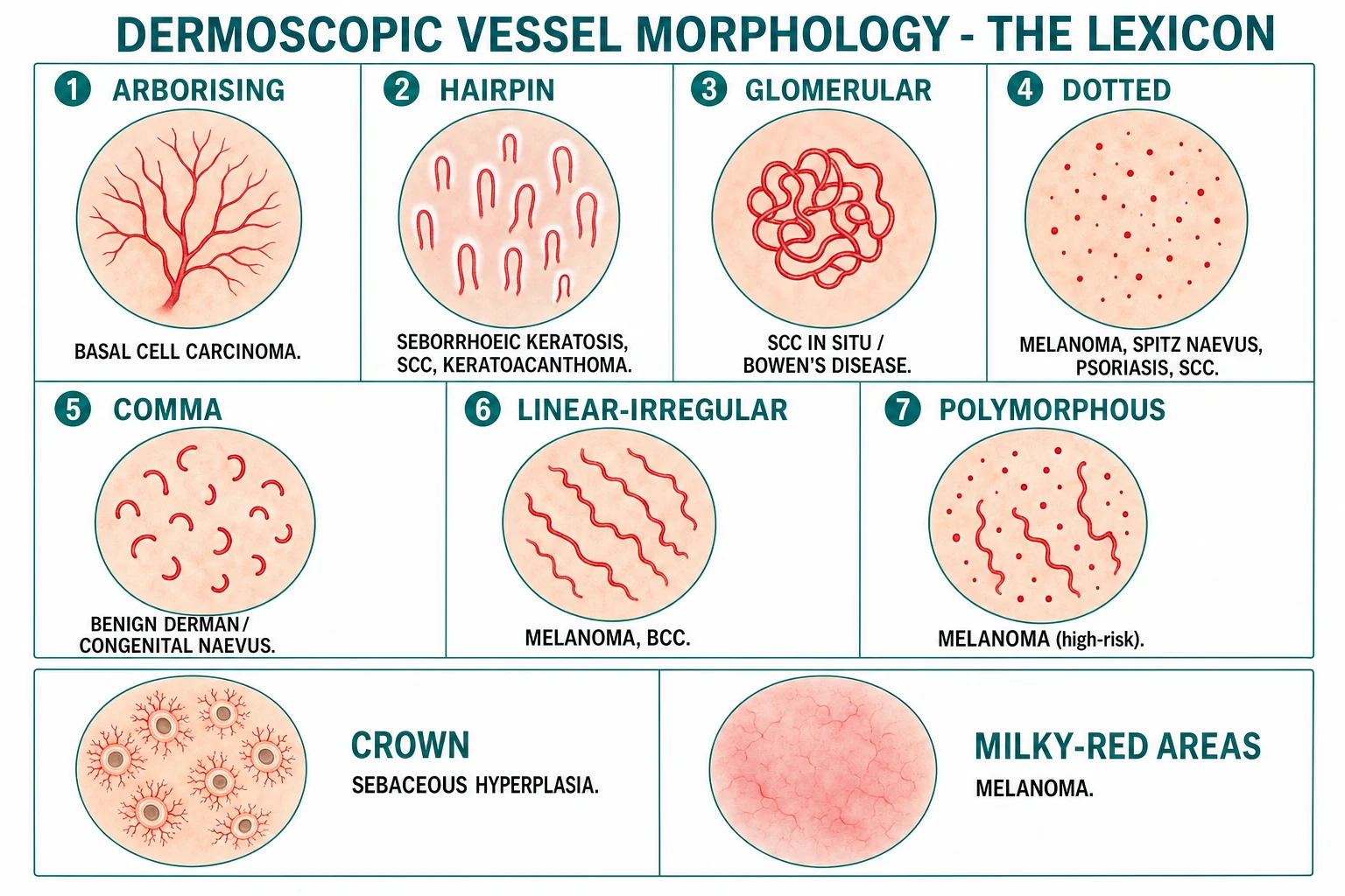 Vessel morphology reference grid: arborising (BCC), hairpin (SK/SCC), glomerular (Bowen's), dotted (melanoma/Spitz), comma (benign naevus), linear-irregular (melanoma), polymorphous (melanoma)