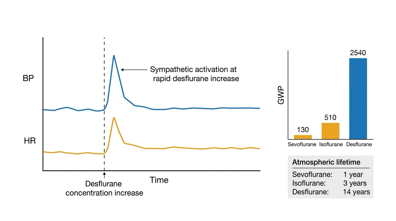 A two-panel clinical graph on a white background with a clinical-blue header. Left panel: a line graph of blood pressure (systolic, in mmHg) and heart rate (in bpm) on the y-axis against time on the x-axis, showing both traces baseline, then a sharp transient SPIKE upward at the moment the desflurane concentration is rapidly increased (marked with a vertical dashed line), followed by settling back towards baseline — illustrating the sympathetic surge. Right panel: a bar chart comparing the three volatiles on global-warming potential and atmospheric lifetime — sevoflurane (GWP 130, 1 year), isoflurane (GWP 510, 3 years), desflurane (GWP 2540, 14 years).