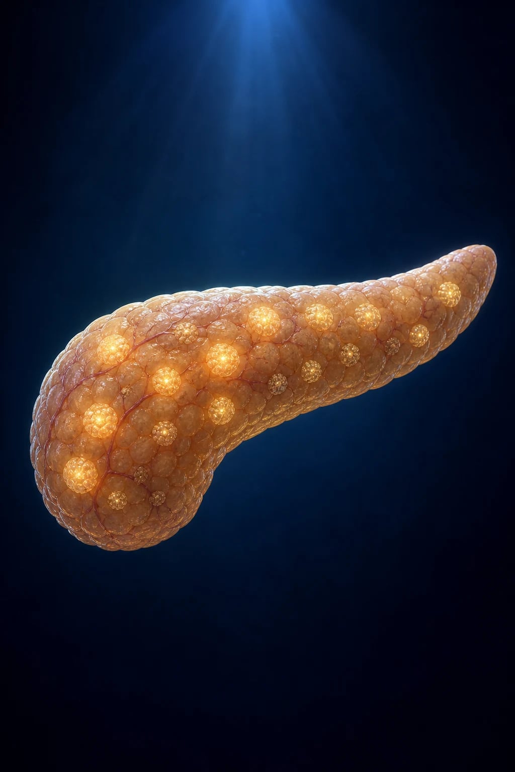 Cinematic 3D cross-section of a pancreas highlighting insulin-secreting islet beta cells, alongside a blood vessel with accumulated glucose, and a glucometer showing a high reading