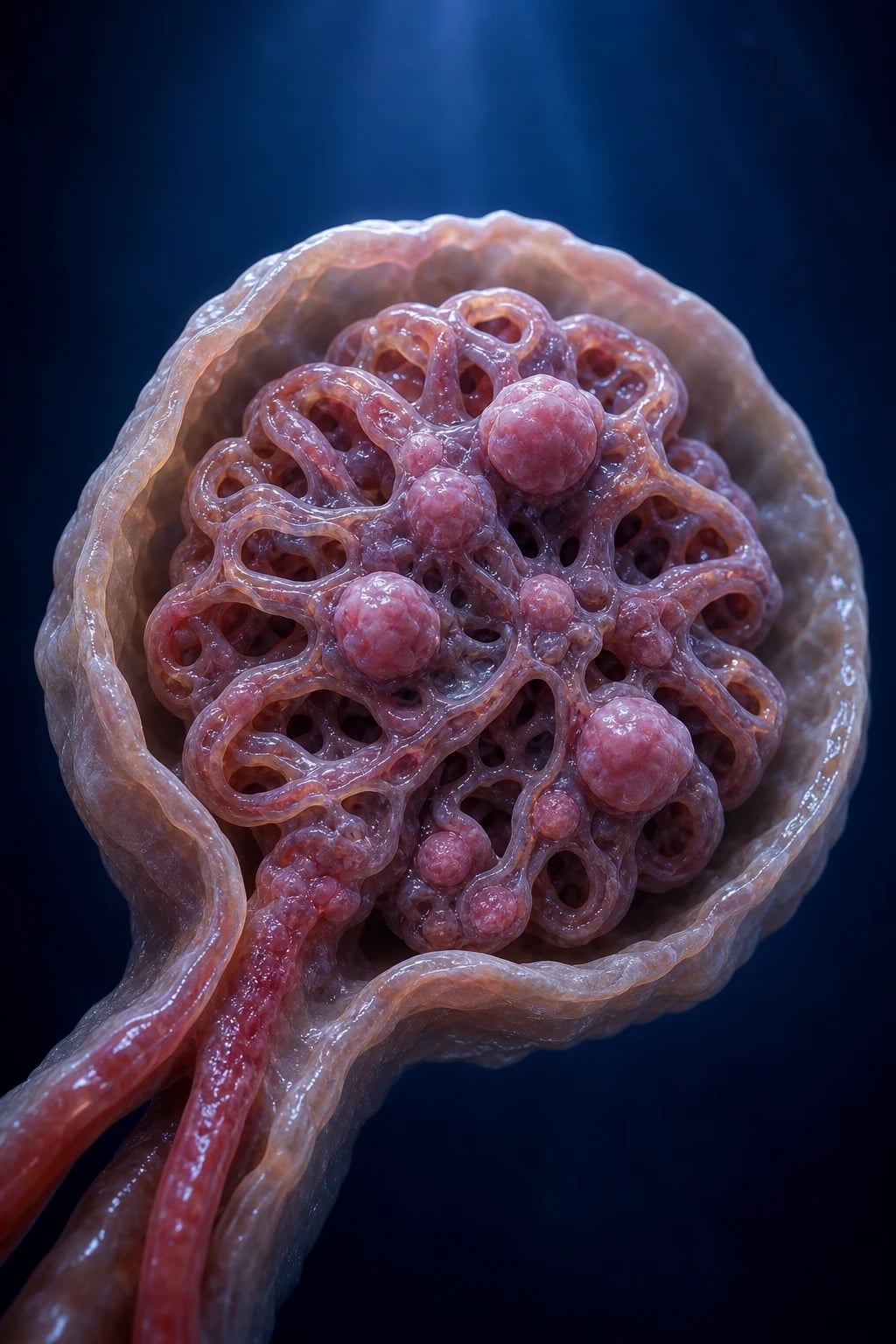 Cinematic 3D close-up of a glomerulus showing mesangial expansion, glomerular basement membrane thickening and rounded acellular Kimmelstiel-Wilson nodules against a deep navy background