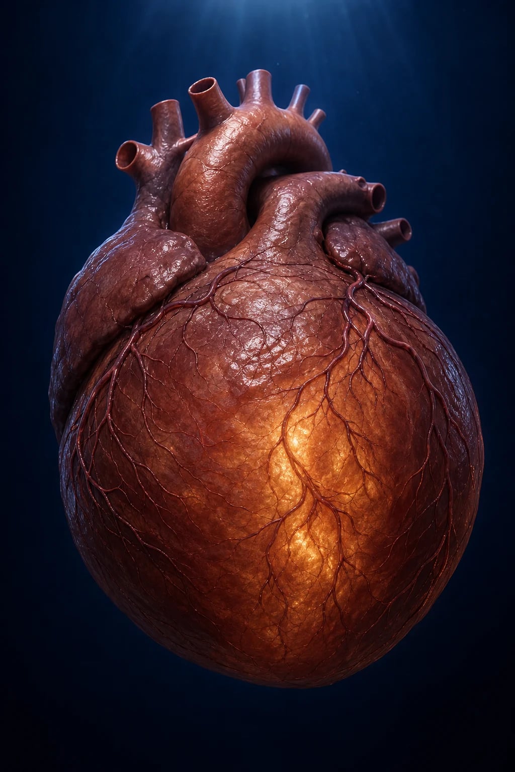 3D illustration of a dilated heart with enlarged thin-walled left ventricle, globular silhouette, displaced apex, mural thrombus in apex