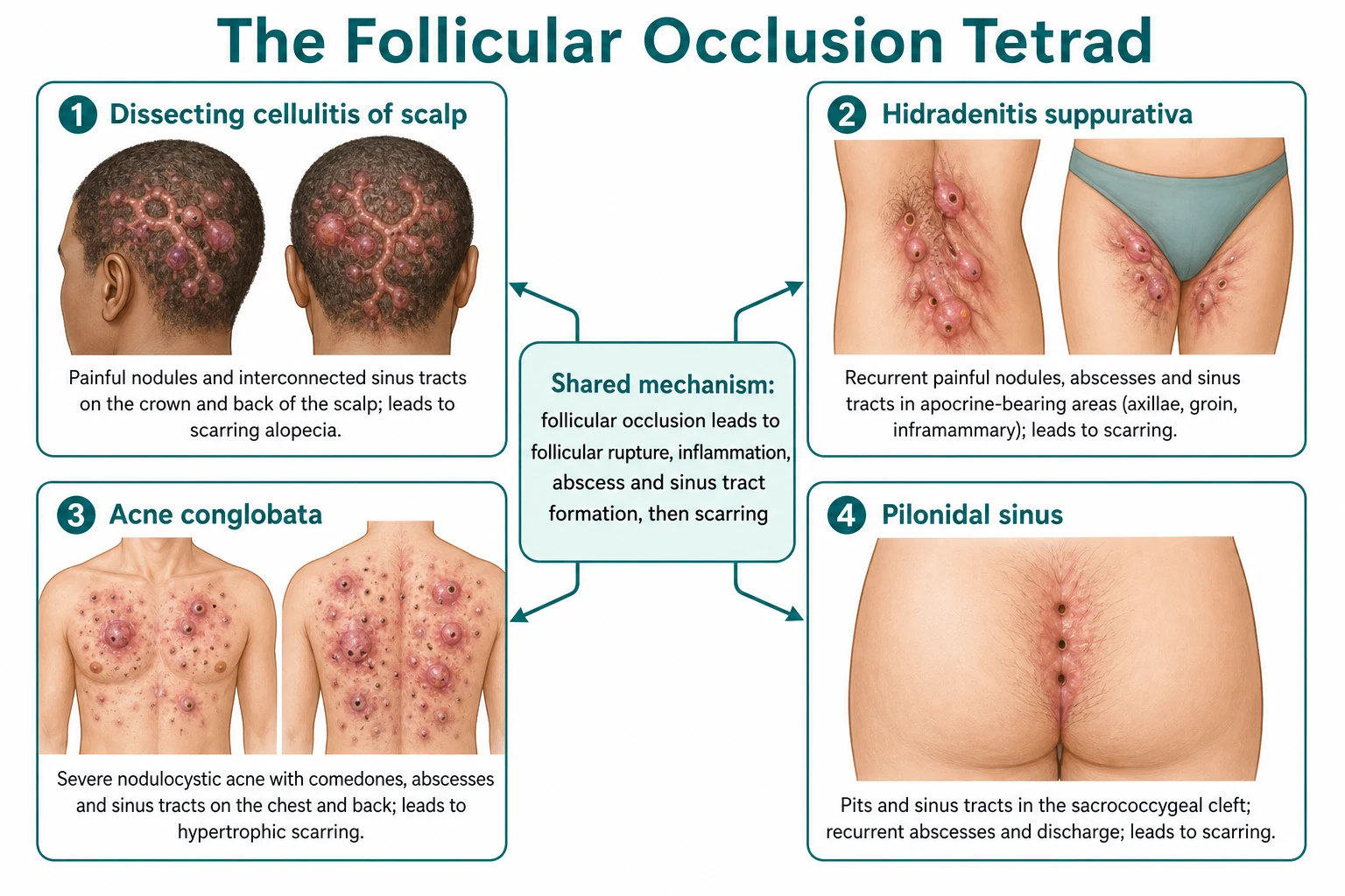 The follicular occlusion tetrad: dissecting cellulitis of the scalp, hidradenitis suppurativa, acne conglobata, and pilonidal sinus, unified by follicular occlusion